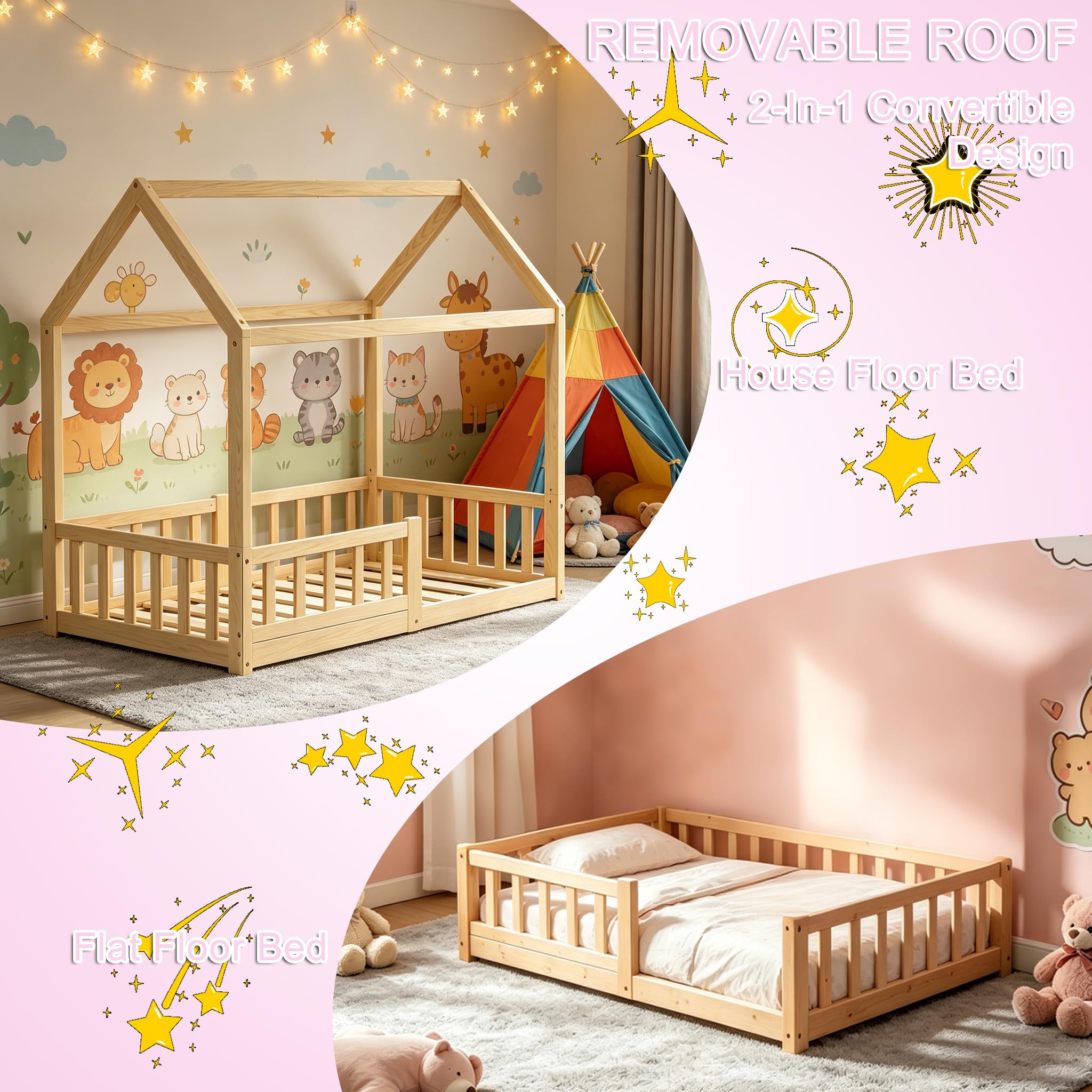Bodenbett 70x140 cm Montessori Kinderbett mit Rausfallschutz & Lattenrost Kiefer Massivholz bis 100 kg belastbar für Jungen Mädchen Kinder Bett