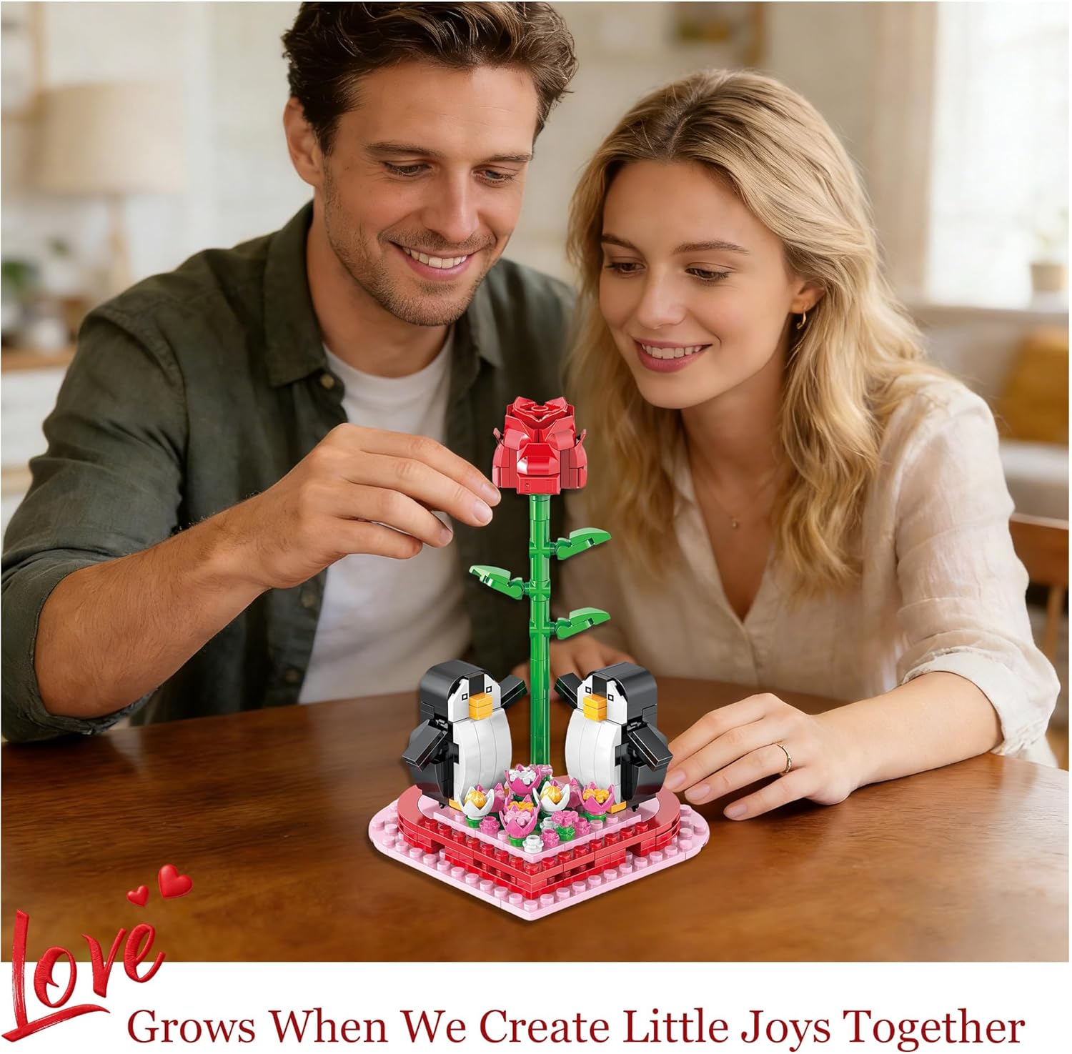 Rose Valentines Flower Building Blocks Set, 281+PCS Red Bouquet Flowers Mini Penguin Blocks Kit Birthday Gifts for Adult Women Teens Indoor Home Office Valentine's Day Decor