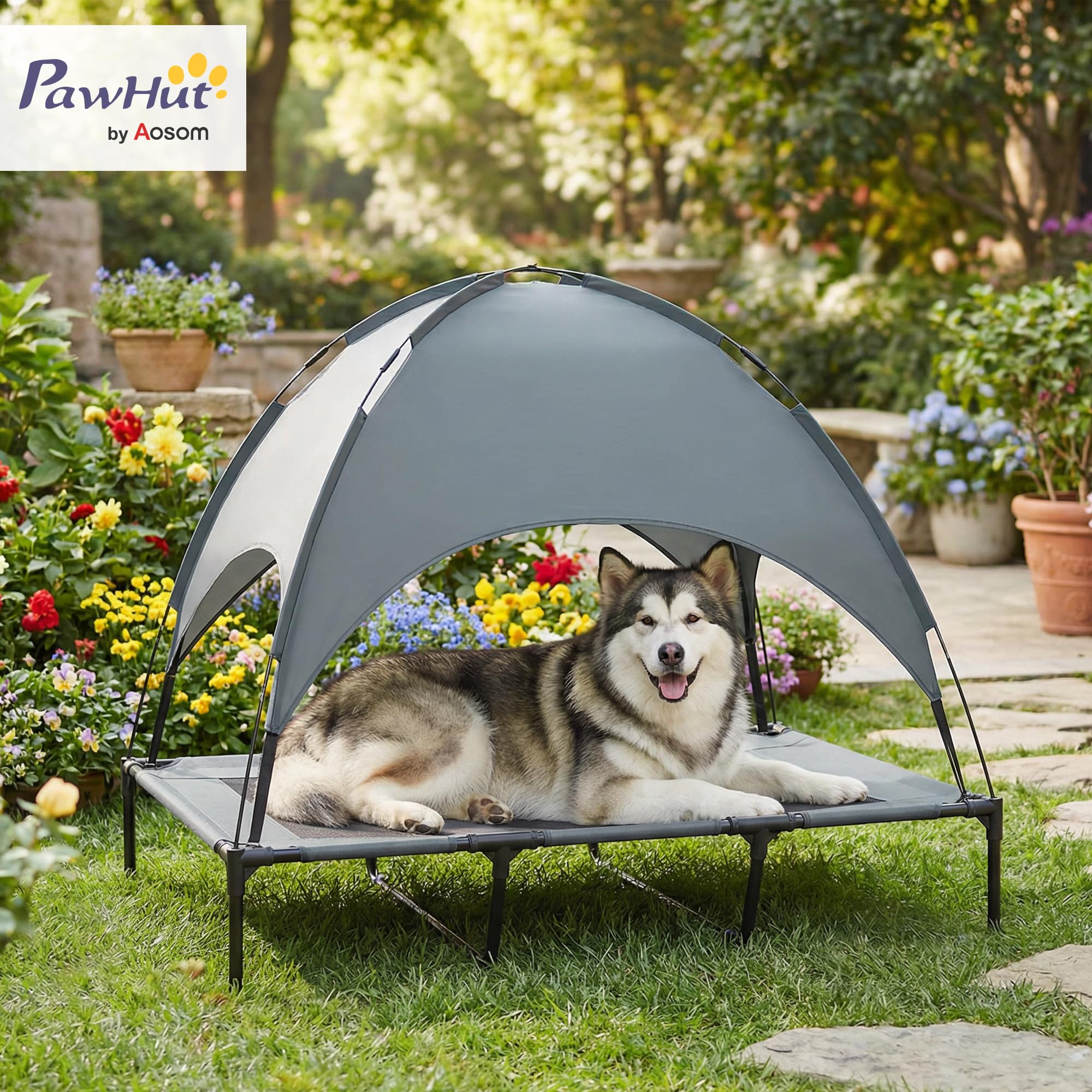 PawHut Erhöhtes Hundebett mit Baldachin, Haustierbett, Hundeliege Outdoor mit Dach, Atmungsaktiv, Taftstoff für Camping Grau 122 x 92 x 108 cm
