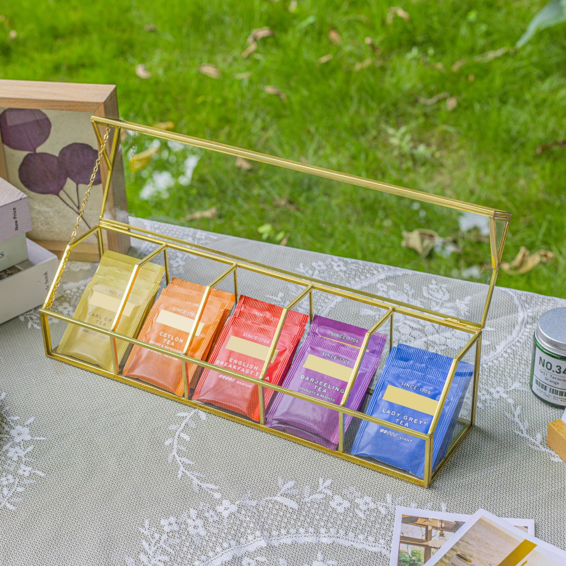NCYP Organiseur de sachets de thé en verre avec 5 compartiments, comptoir d'intérieur en laiton avec couvercle, boîte de rangement, décoration, faite à la main (boîte en verre uniquement)