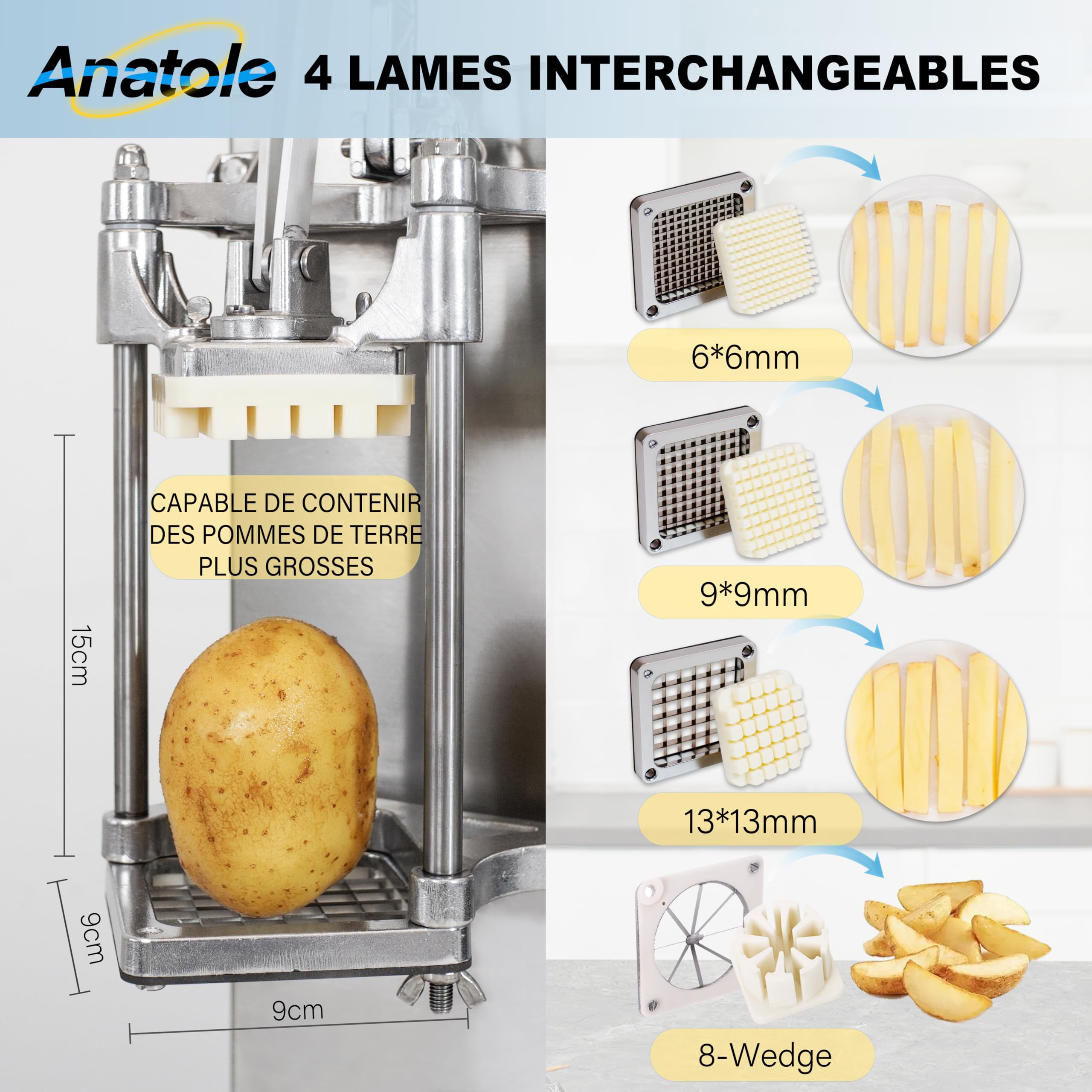 Anatole Coupe-Frites Professionnel avec 6/9/13mm 8-Coin Lames en Acier Inox | Modèle Vertical - Moins d'efforts, Grand, pour Pommes de Terre Carotte Oignon Concombre Fruit, pour Restaurant Hôtel Maison