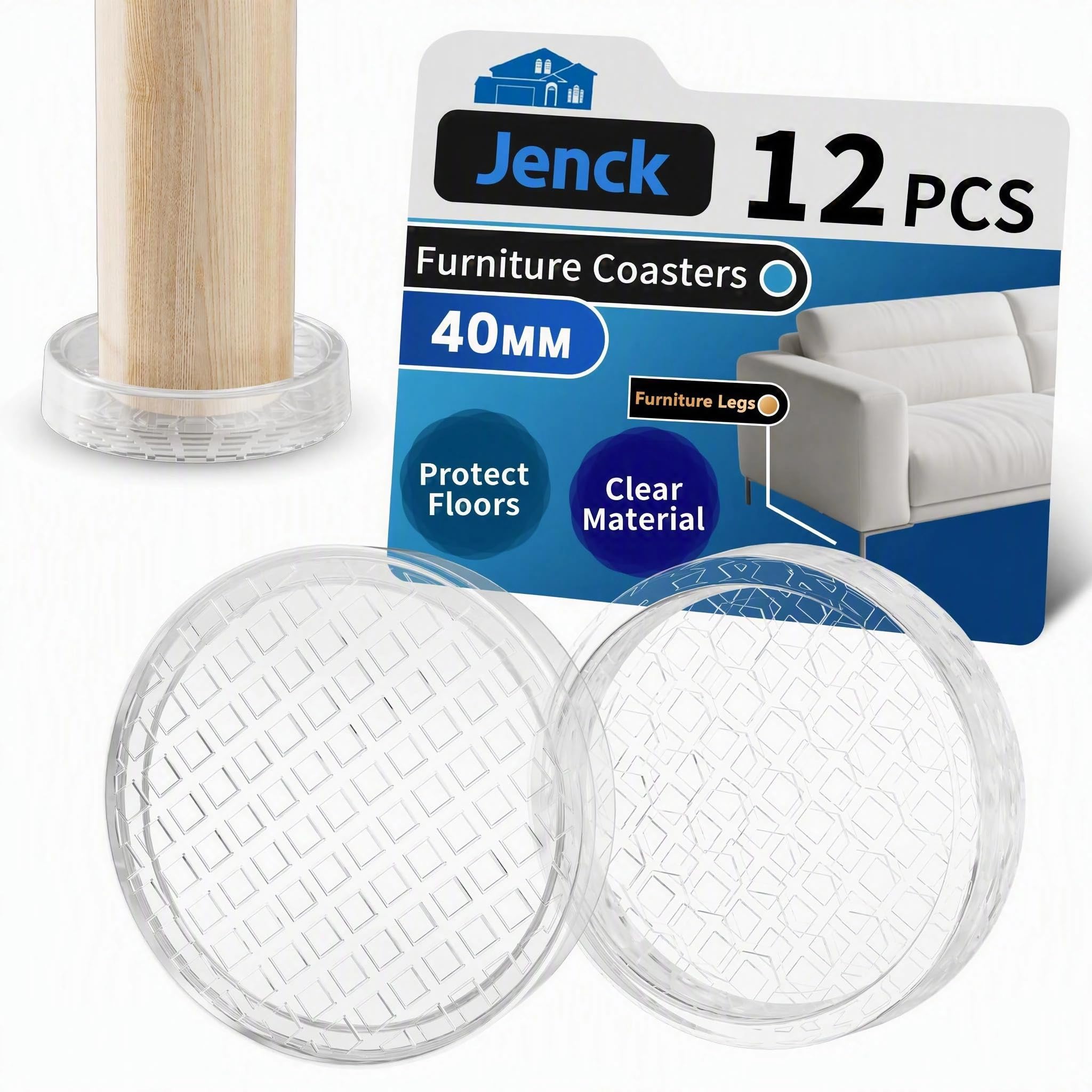 Jenck Ø40mm Carpet Protector Cups, Transparent Furniture Coaster, Clear Castor Cups, Sofa Leg Floor Protectors 12PCS