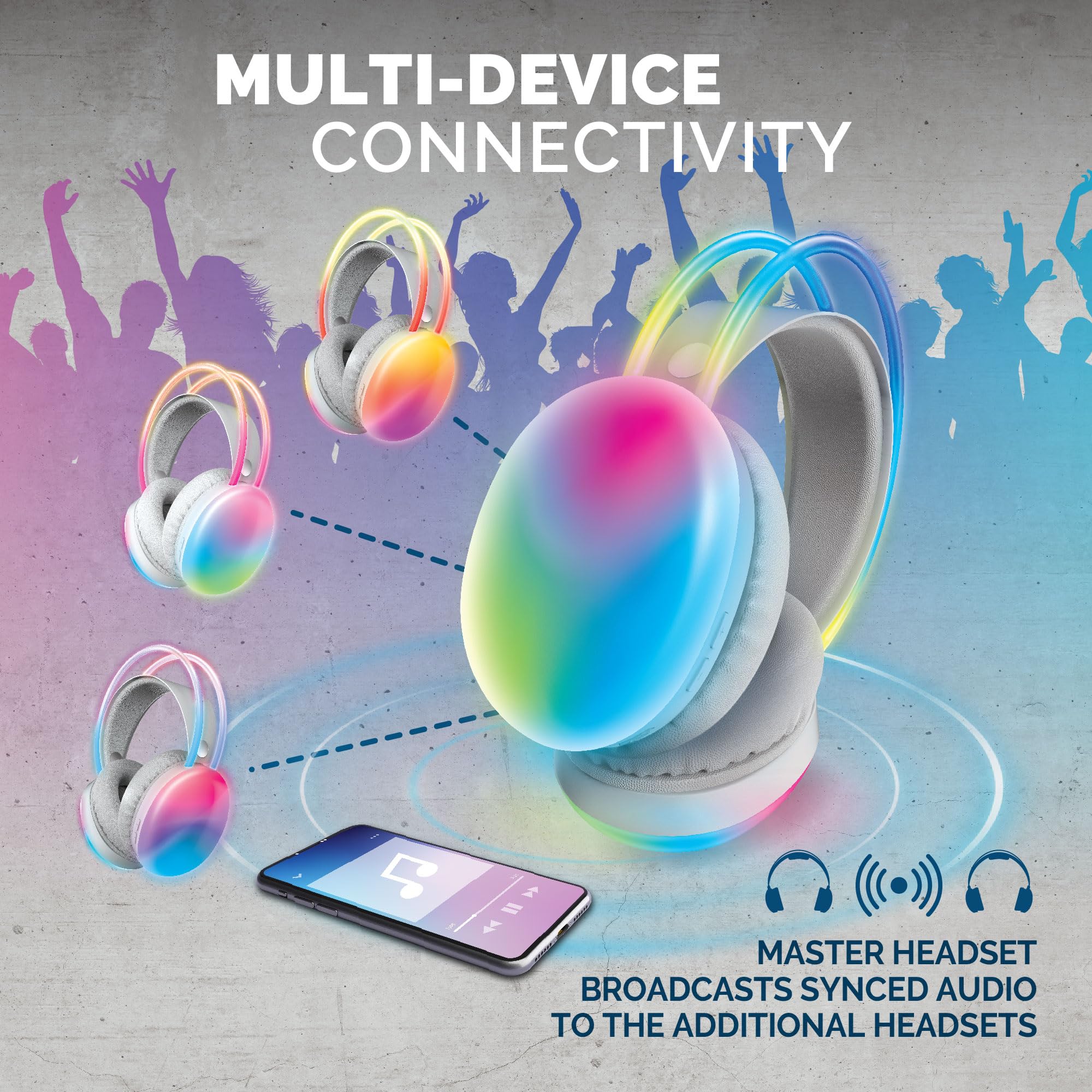 Brookstone Wireless Silent Disco Headphones, Multicolor LED Lights, Bluetooth 5.0, Up to 10 Hours of Playtime, 4 Pack