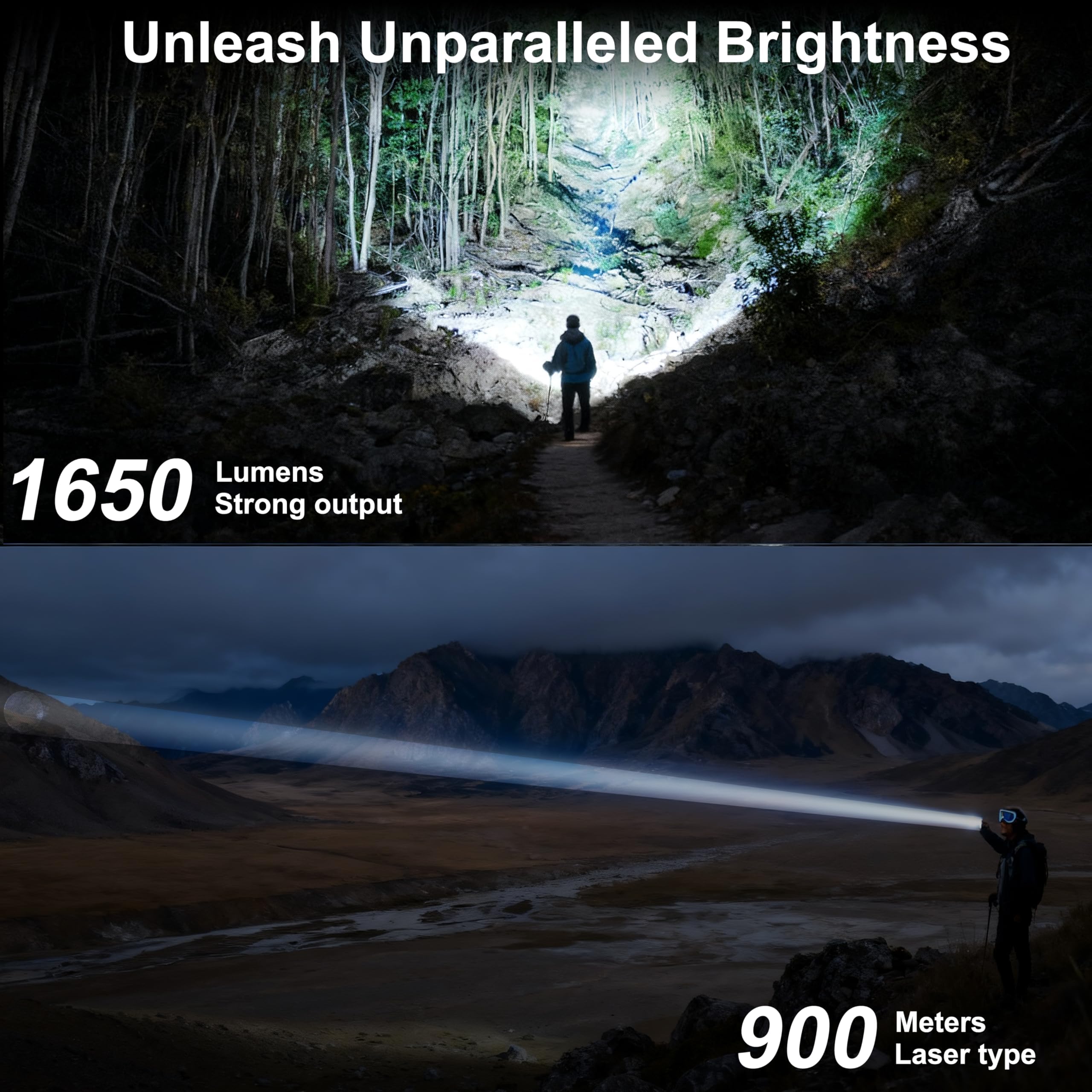 Foco recargable de 1650 lm y haz de 900 m con potente linterna de 13000 mAh, luz de búsqueda de mano impermeable IP67 para caza, camping, emergencia, regalo para papá con luz de advertencia