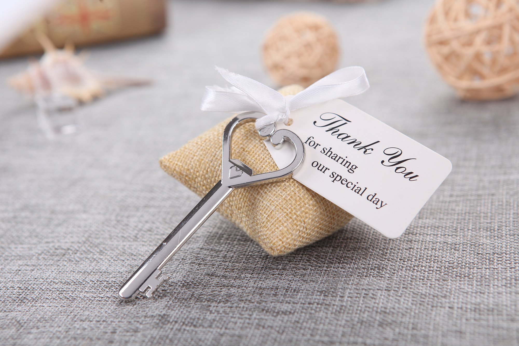 50pcs Wedding Favors Key Bottle Opener with Ribbon Escort Tag Card Thank you for sharing our special day (Key Style #8)