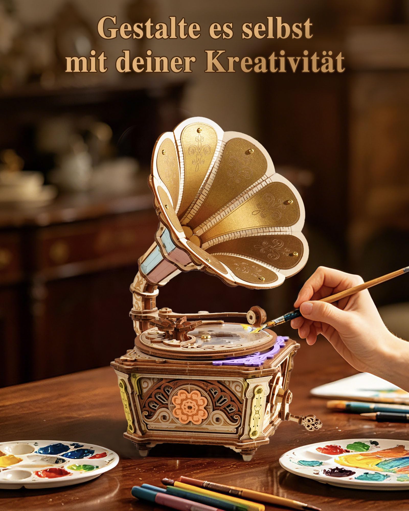 ROKR Diva Grammophon 3D Holzpuzzle Mechanische Spieluhr AMK82 | Vintage DIY Bausatz ohne Kleber, dekoratives Grammophon-Modell, kreative Geschenkidee für Erwachsene und Musikliebhaber