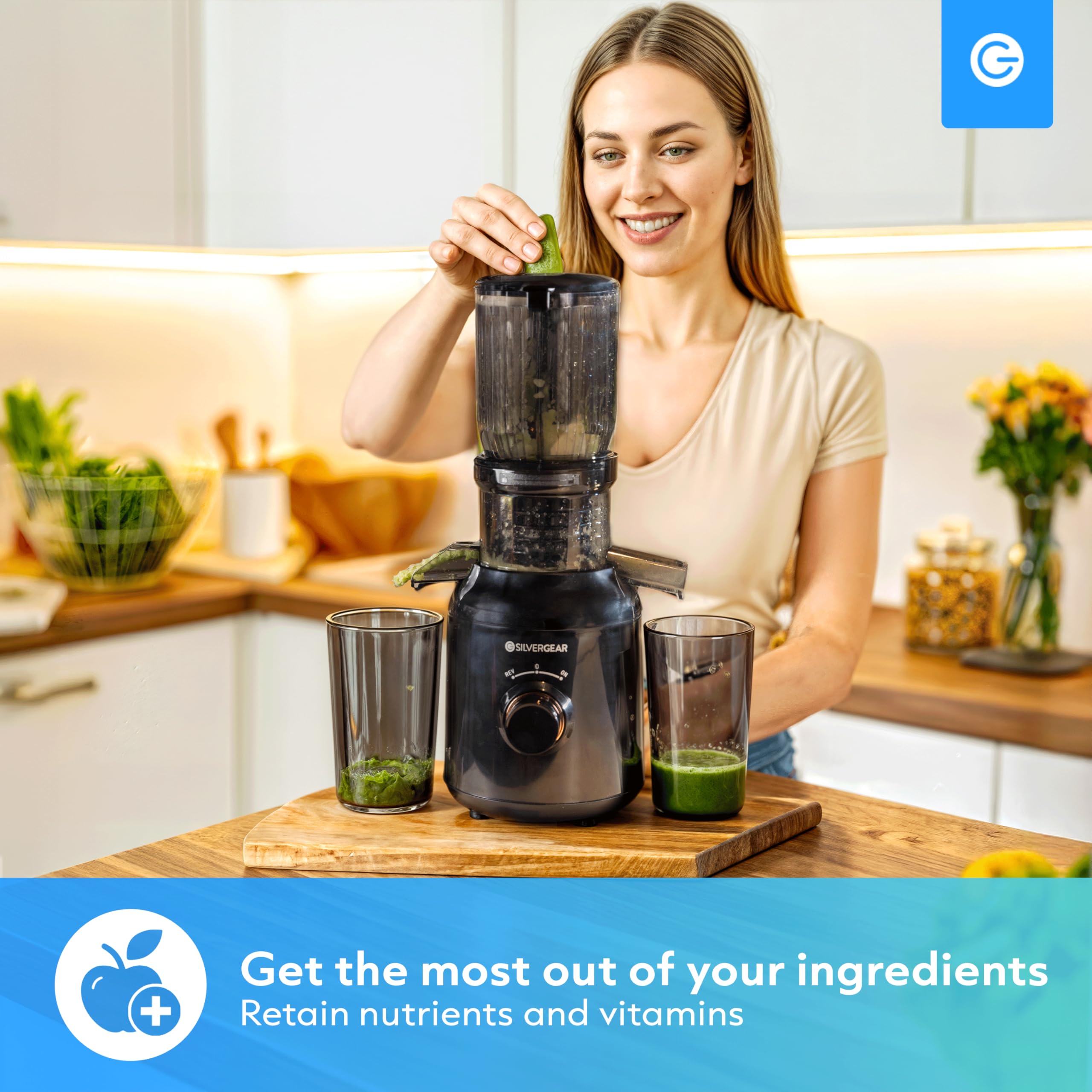 Silvergear® Licuadora | Extractor de Zumos y Verduras | Slowjuicer 250 W | Extractor 103 mm Apertura | Slowjuicer Potente Motor a 60 rpm | 2x Envases de 450 ml | Negro