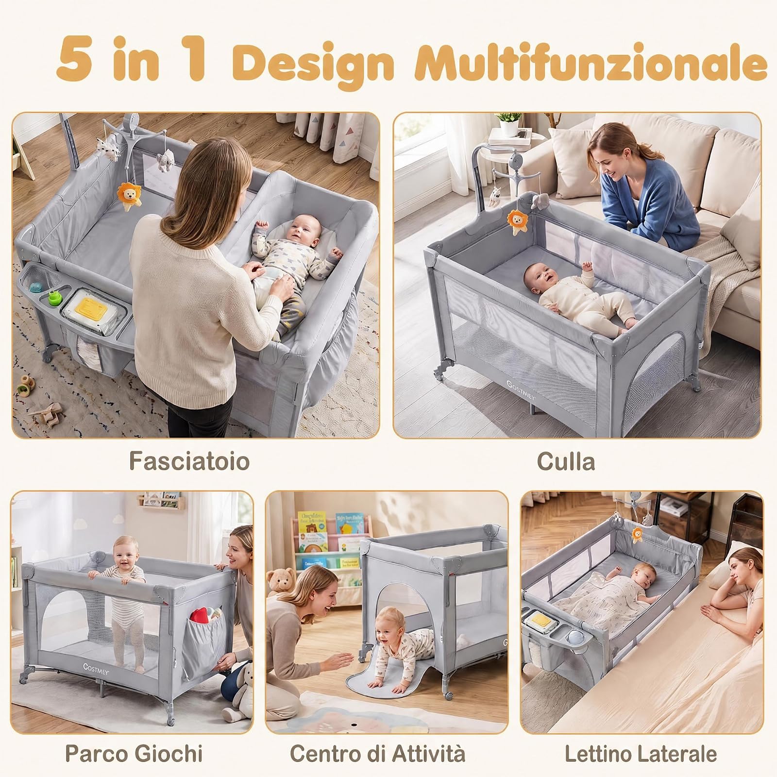 COSTWAY 5 in 1 Culla Co-sleeping Pieghevole per Neonato con Ruote (Grigio) | Lettino da Affiancare Portatile con Fasciatoio, Meterasso, Giocattoli e Carillon, Altezza Regolabile, per Bambini 0-3 Anni