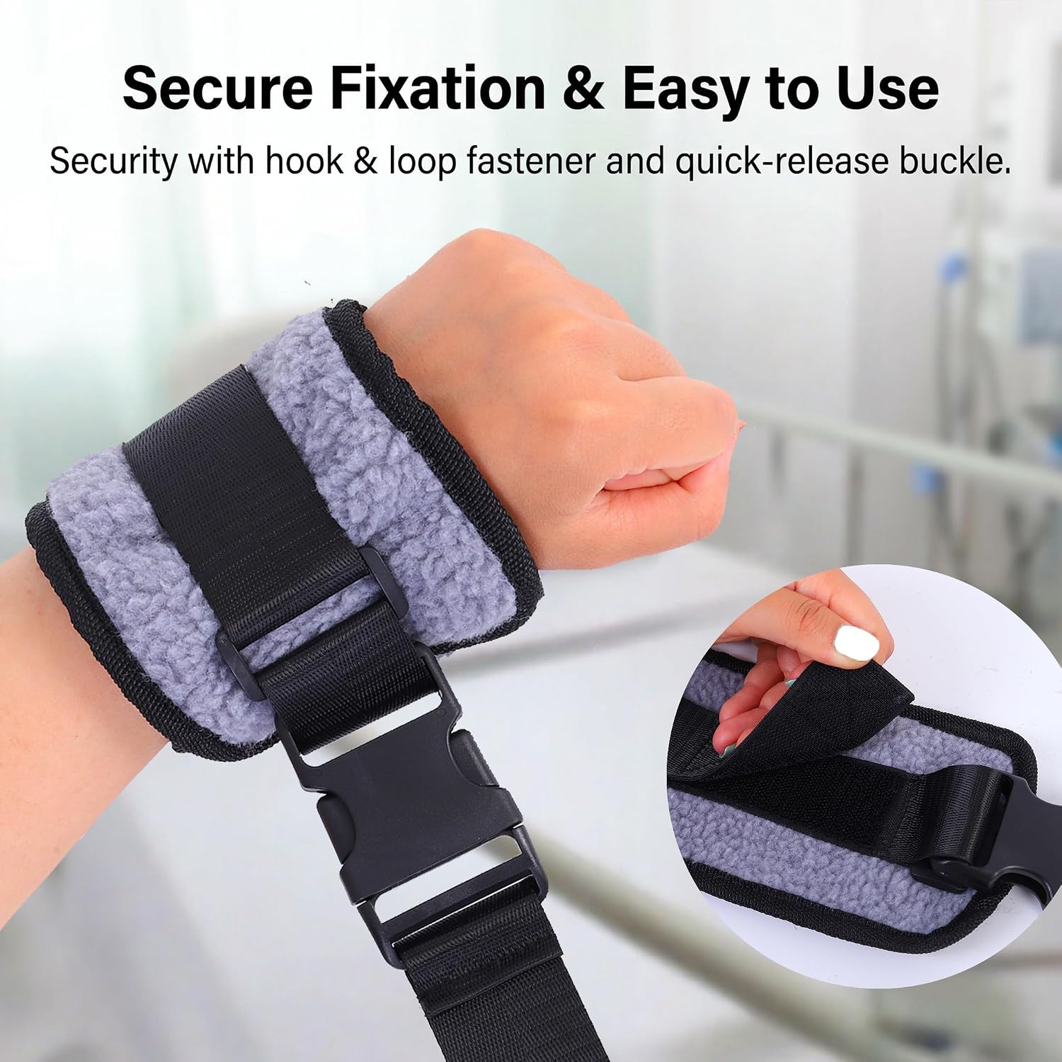 Fleece Lined Bed Safety Stabilizing Straps, Quick Release Buckle Holders for Wrist & Ankle, Care for Agitated Sleepers, Gray, 4 Pack