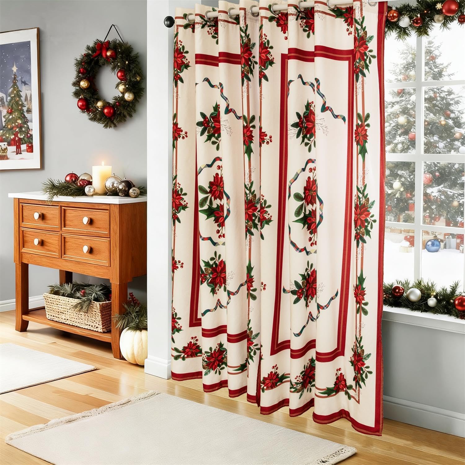 Cmfshape Poinsettia Christmas Curtains for Bedroom Living Room Window,Floral Window Drapes with Grommet,Red Curtains for Christmas Decor,55" Wx84 L(2 Panels,Red)