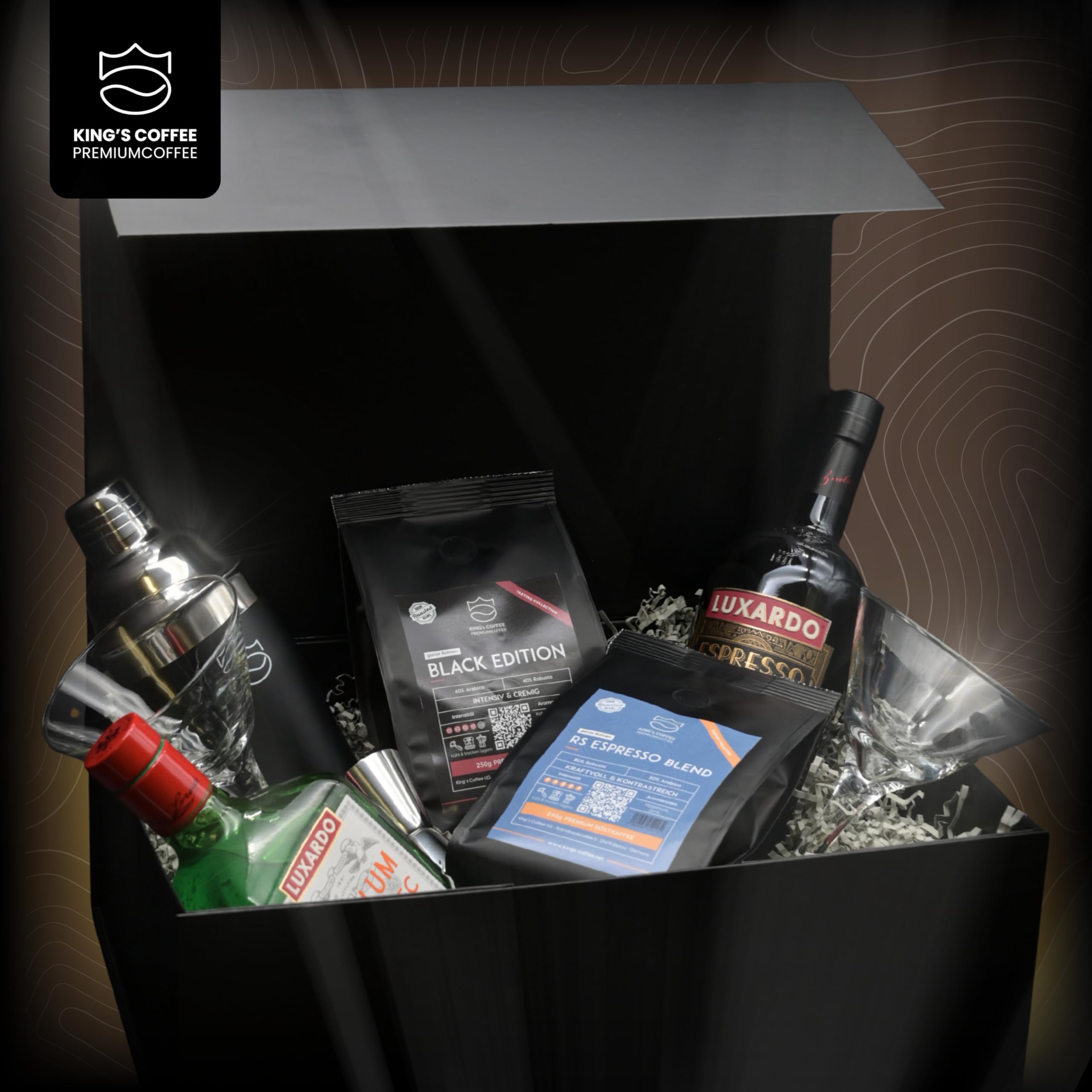 King's Coffee | Espresso Martini Box | Premium Cocktail Geschenkset für Kaffeeliebhaber| DIY Kit mit Kaffee & vielfältigen Zubehör | Perfektes Männer & Frauen Geschenk | Bar-Qualität für Zuhause