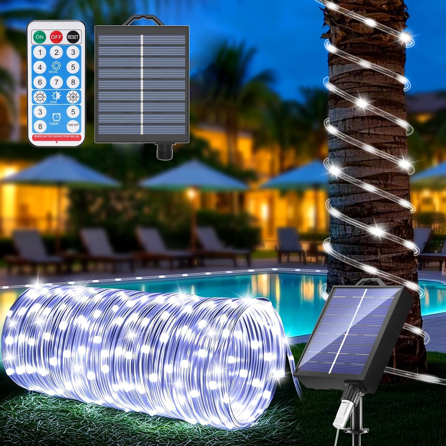Kousee Outdoor Solar LED Rope Lights, IP65 Waterproof Rope Light 72.2ft 200LEDs Solar Decoration Lights with 8 Lighting Modes