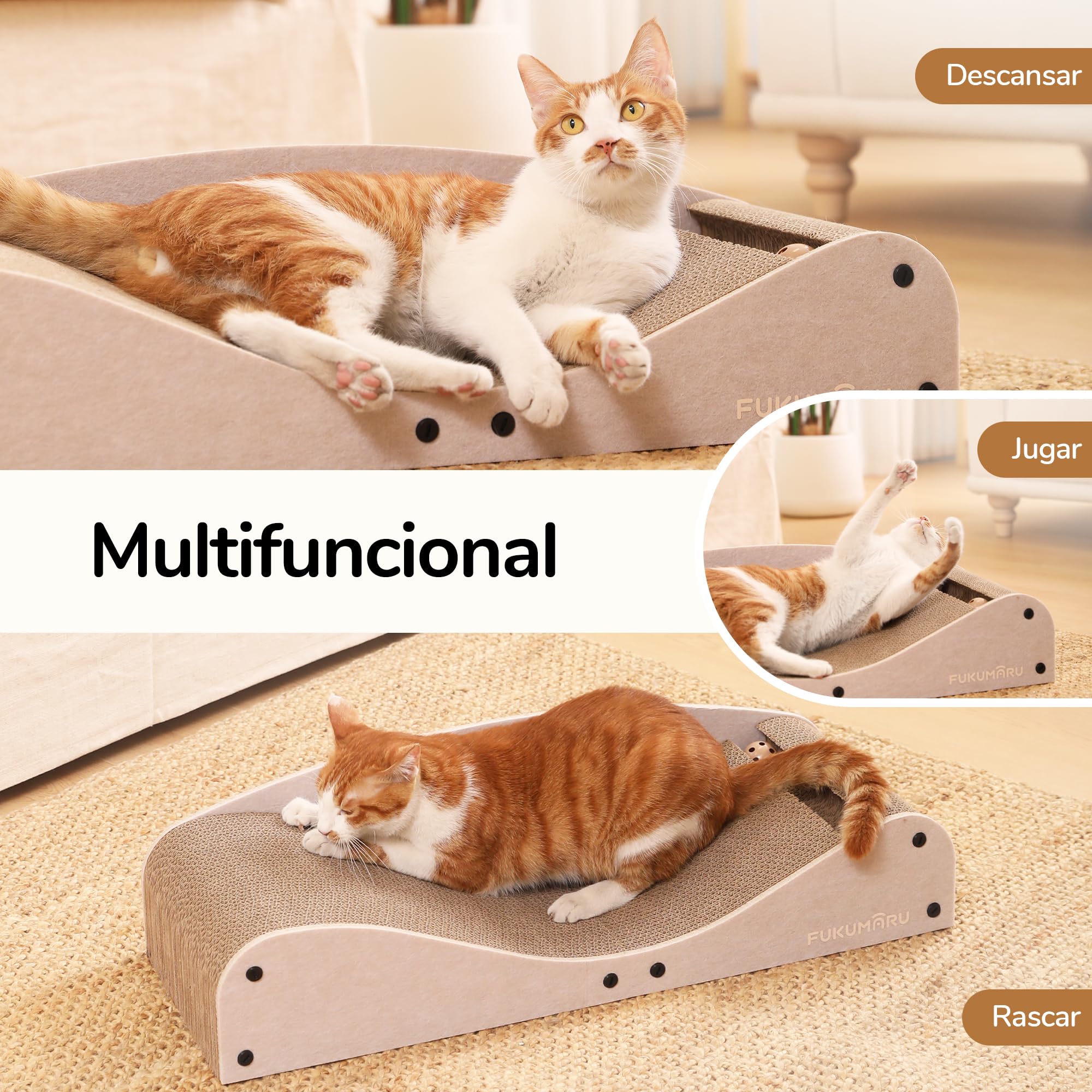 FUKUMARU Rascador para Gatos, 74 cm, cartón y Fieltro Resistentes, Gran Superficie para tumbarse, rascador reciclable de cartón Ondulado con Pelota, Camello