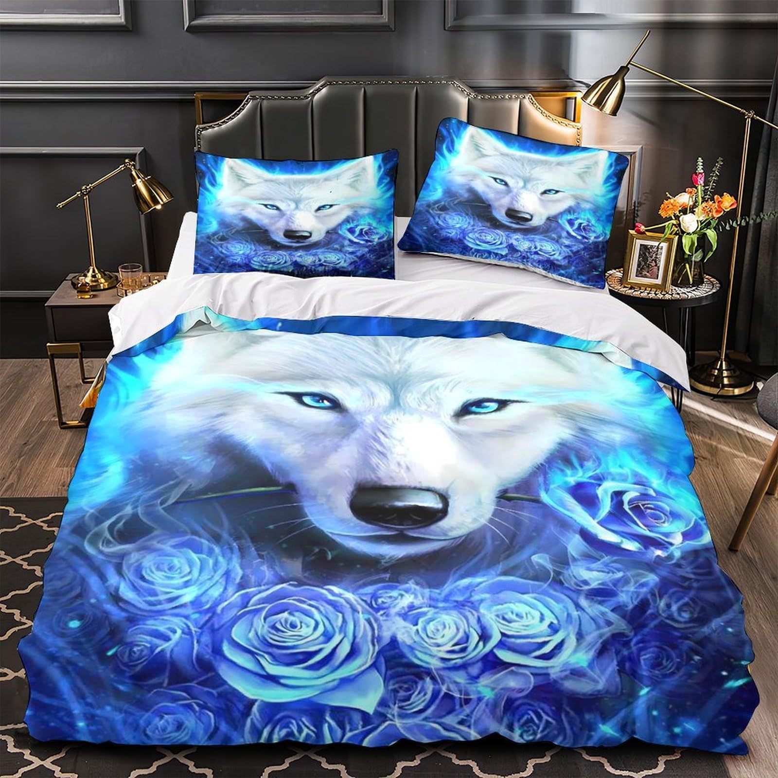 Parure de lit loup bleu 140x200 cm pour chambre d'ado motif 3D ultra doux