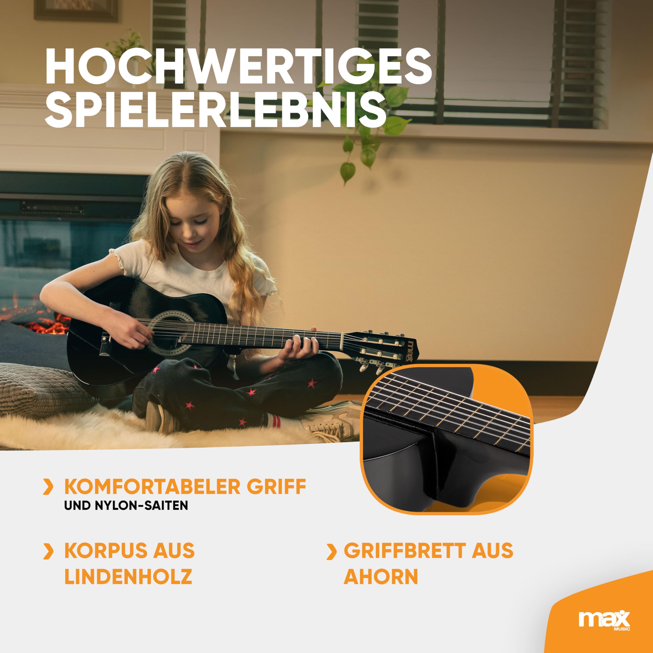 MAX SoloArt - 1/4 Gitarre Kinder ab 3 Jahre - Akustik Gitarre inkl. Gitarrenständer, Tasche, Plektrum, Gurt und Saiten-Zubehör, Kindergitarre 3 Jahre - Guitar in Schwarz
