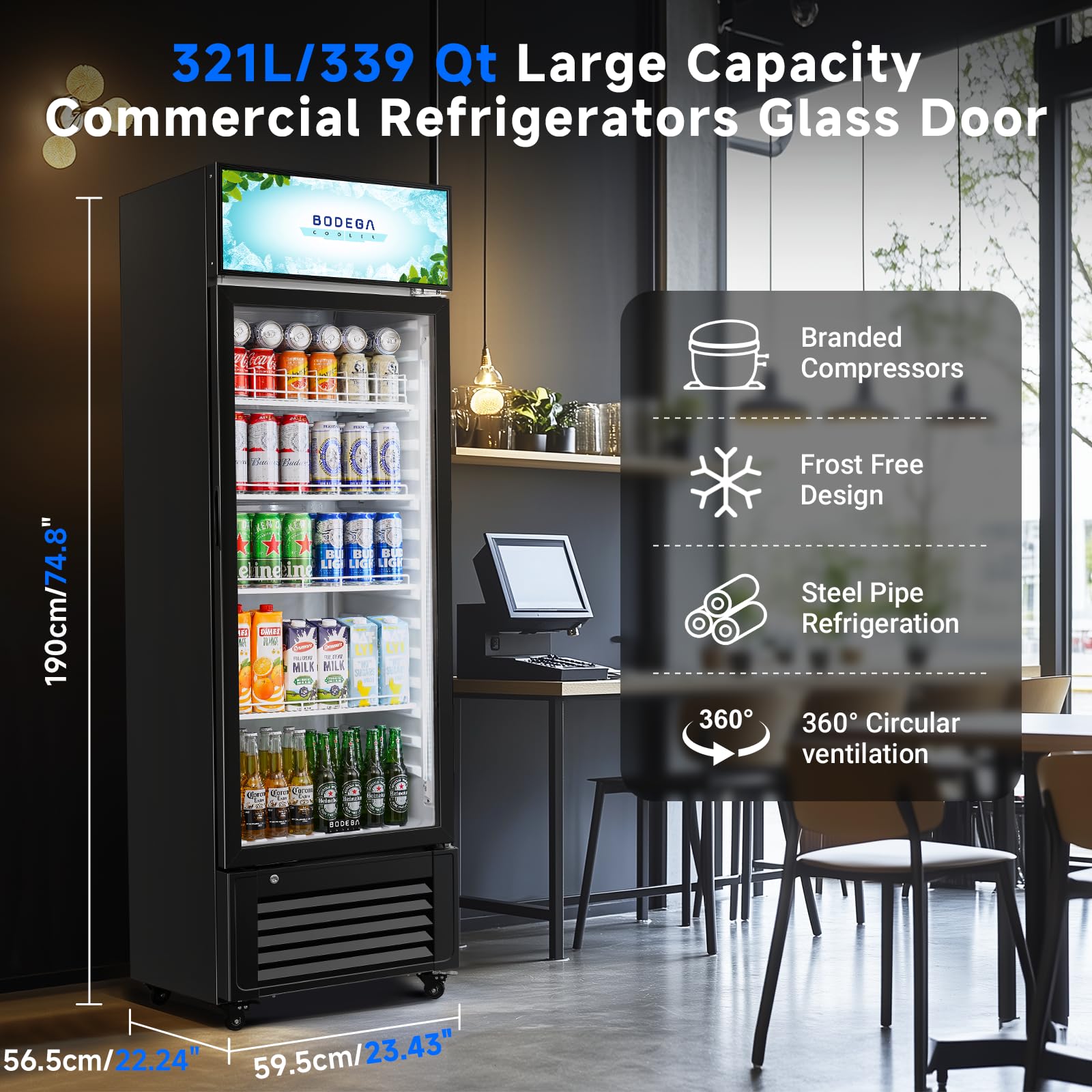 Bodegacooler Beverage Refrigerator, 321l/339 Qt Commercial Refrigerator For Kitchen, Home,Office And Garage, 300 Cans & 160 Bottles Display Refrigerator For Beer,Soda, Bar Cooler With Soft LED Light. on Fridge.com - View 4
