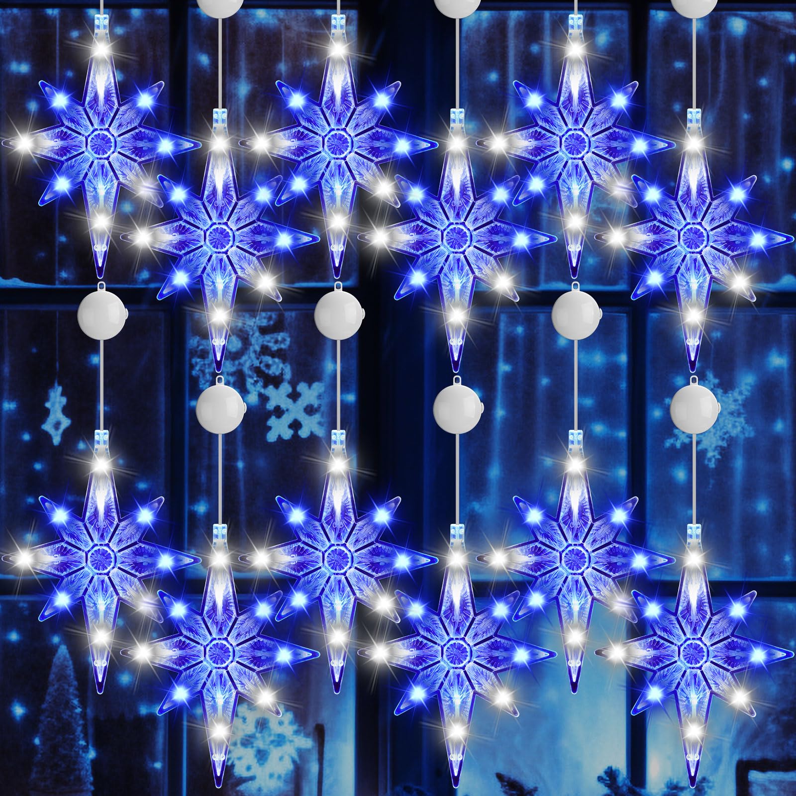 Tujoe Lot de 12 lumières de fenêtre lumineuses avec minuterie, ventouse, fonctionne à piles pour Noël, vacances, Nouvel An, extérieur et intérieur (étoile de Bethléem, bleu blanc)