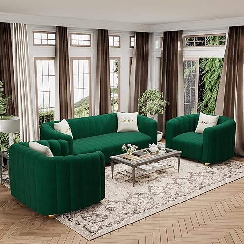 Miniatura 2 de Juego de sofá de 3 piezas de terciopelo verde para sala de estar, juego de sofá de diseño moderno con patas de bola de metal doradas, bonito juego