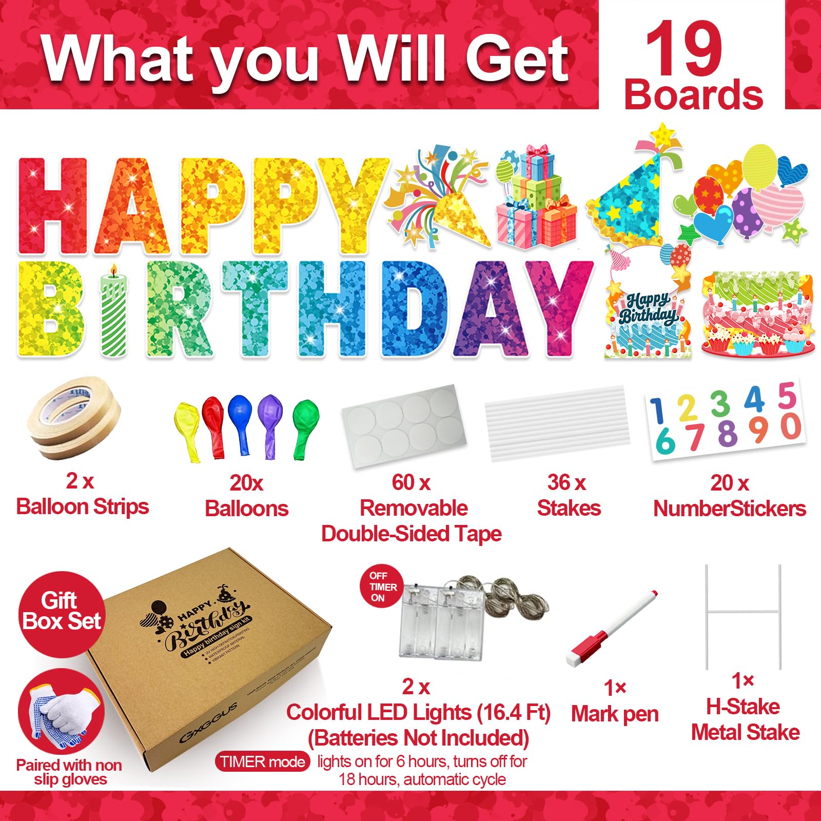 'Happy Birthday' znaki podwórkowe dekoracje zewnętrzne – zestaw 19 szt. z literami 40 cm, duży znak na tort na metalowym stojaku w kształcie litery H, światła LED i słupki na trawnik, ogród