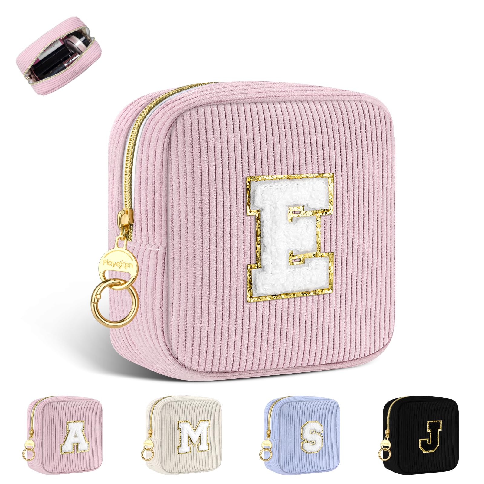 Playexen Small Initial Makeup Bag, Pink Corduroy Personalized Cosmetics Bag with Ring Buckle, Monogram Cute Travel Toiletry Pouch Purse for Birthday/
