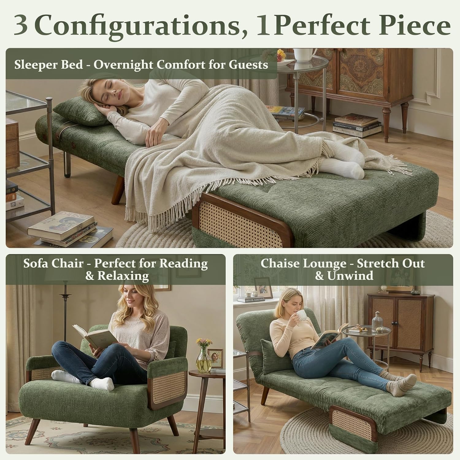 Convertible Sofa Bed Chair - Space-Saving Single Folding Couch for Small Spaces (Green), 3-in-1 Comfortable Chair for Reading, Reclining and Sleeping (Width: 35.43 Inches)