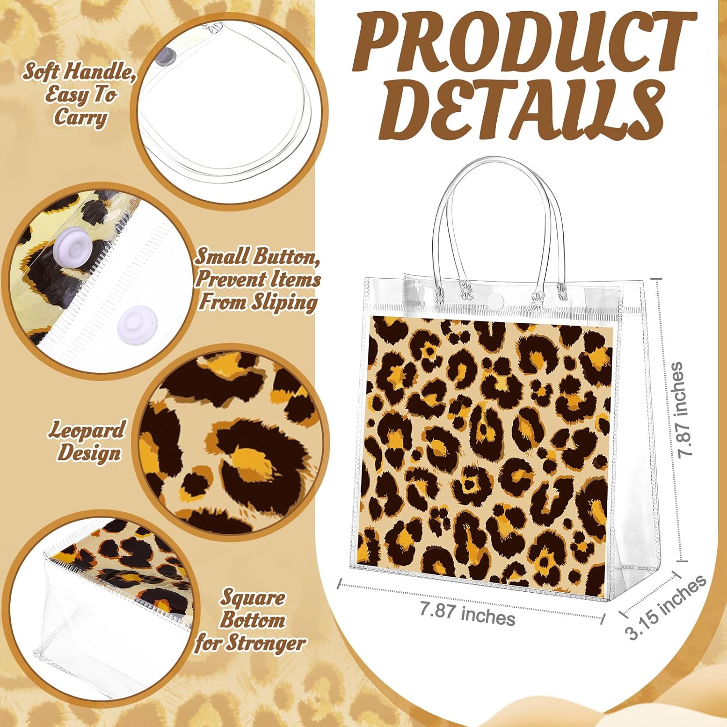 Resholder 24 Pcs Cheetah Clear Gift Bags Leopard Print PVC Treat Snack Bag with Handles Jungle Safari Party Favors for Wild Life Animal Birthday Baby Shower Decorations Supplies, 8 x 8 x 3.15 Inch - Image 2