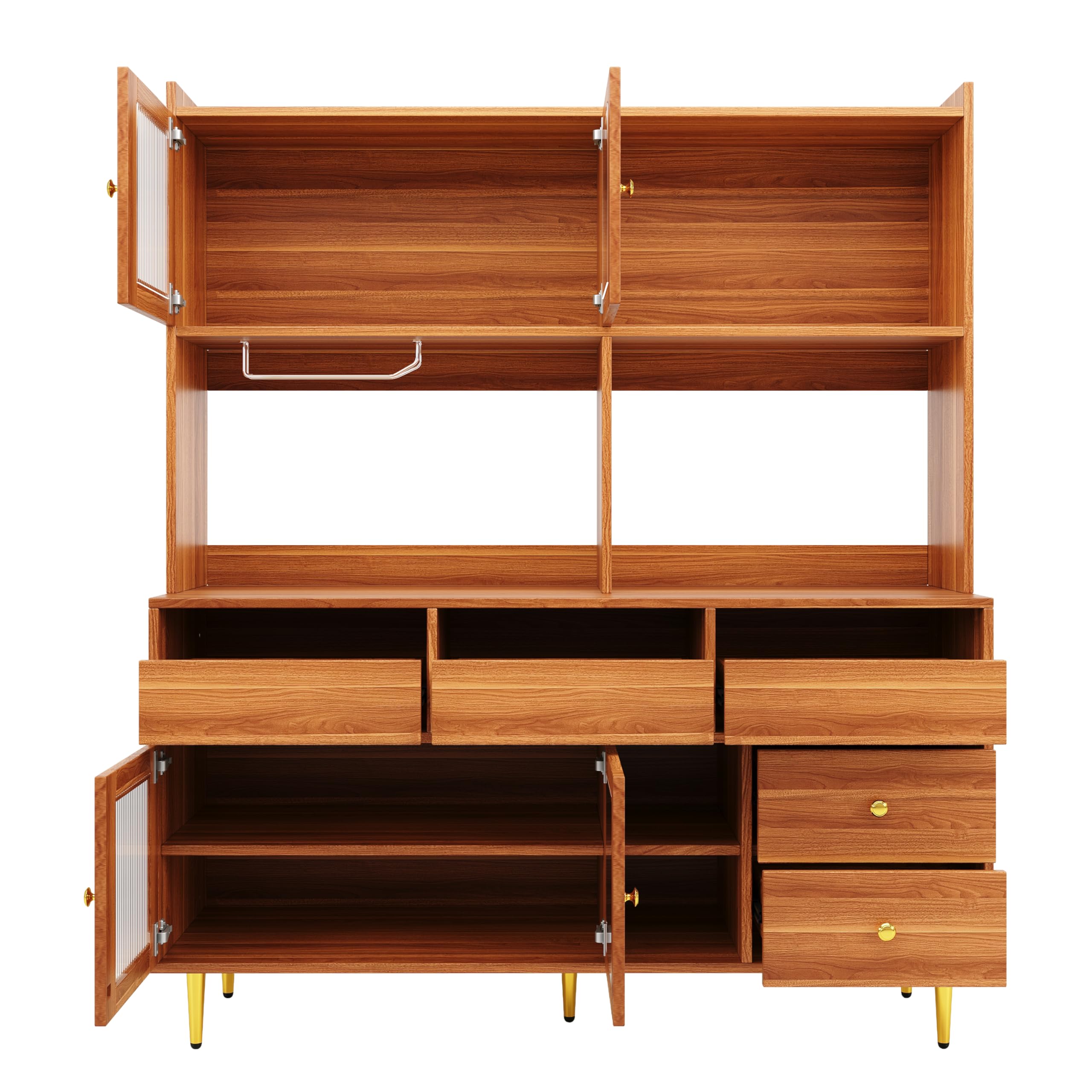 HAINEW Credenza da cucina con porta in vetro e cassetto, moderna armadietto alto a buffet, con spazio aperto per cucina, sala da pranzo e soggiorno (marrone)