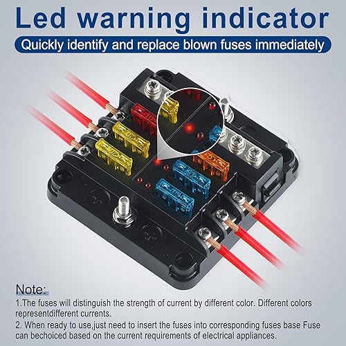 Miniatura 4 de Amiss Bloque de fusibles de hoja de 6 vías de 12 V, panel de caja de fusibles automotriz impermeable ATOATC con indicador de advertencia LED, 6