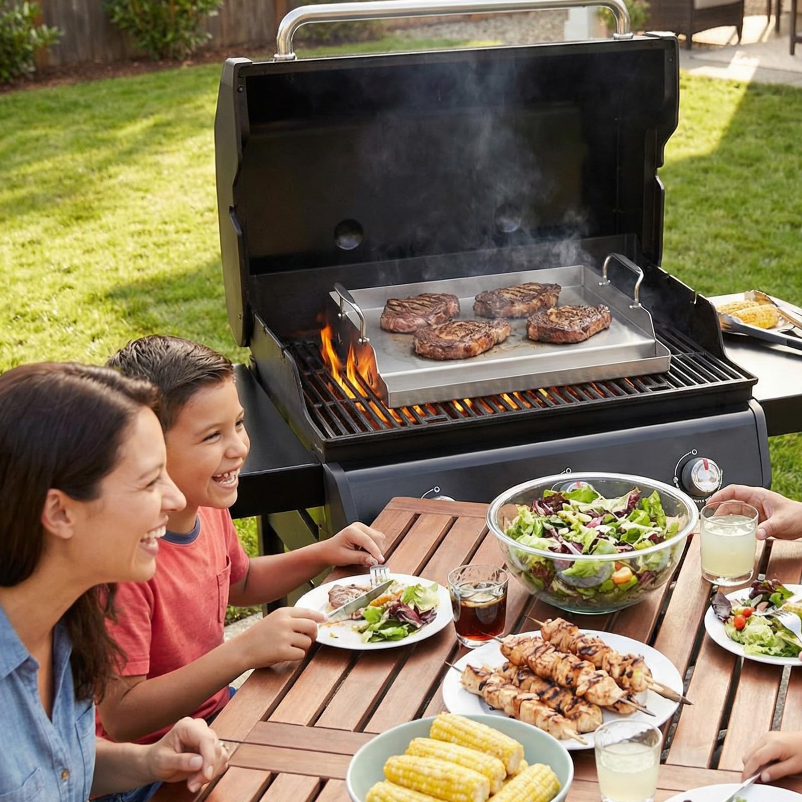 Griglia universale in acciaio inox per barbecue a gas Weber e carbone, piastre per barbecue a gas per hamburger, barbecue a gas e altro ancora, rettangolare, 46 x 32 cm, con manico rimovibile