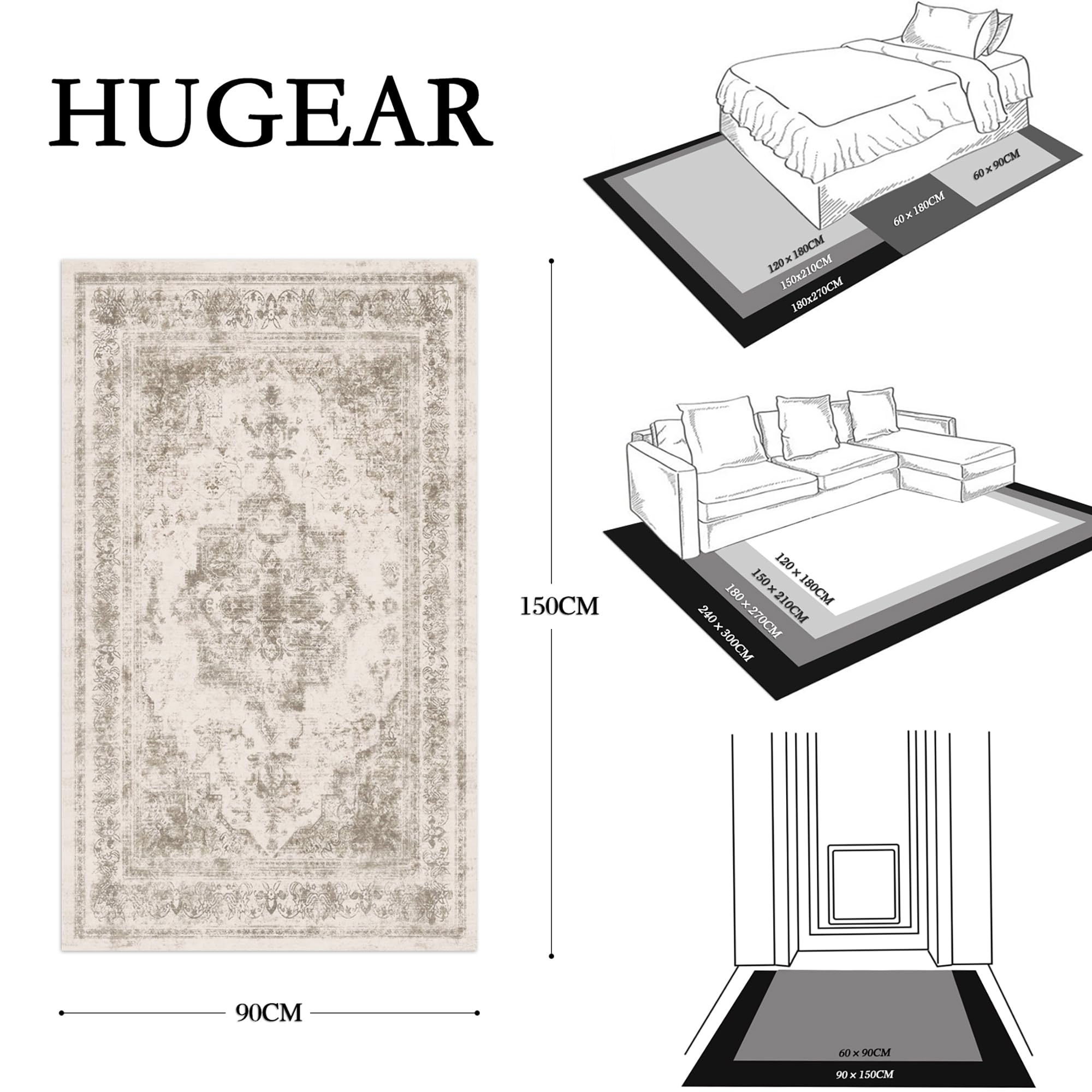 HUGEAR Vintage Beige Rugs Living Room Washable Non Slip Large Area Rug 90x150cm Bedroom Kitchen Hall Lounge Office Dining Room Indoor Carpet Low Pile Big Carpets - Image 2