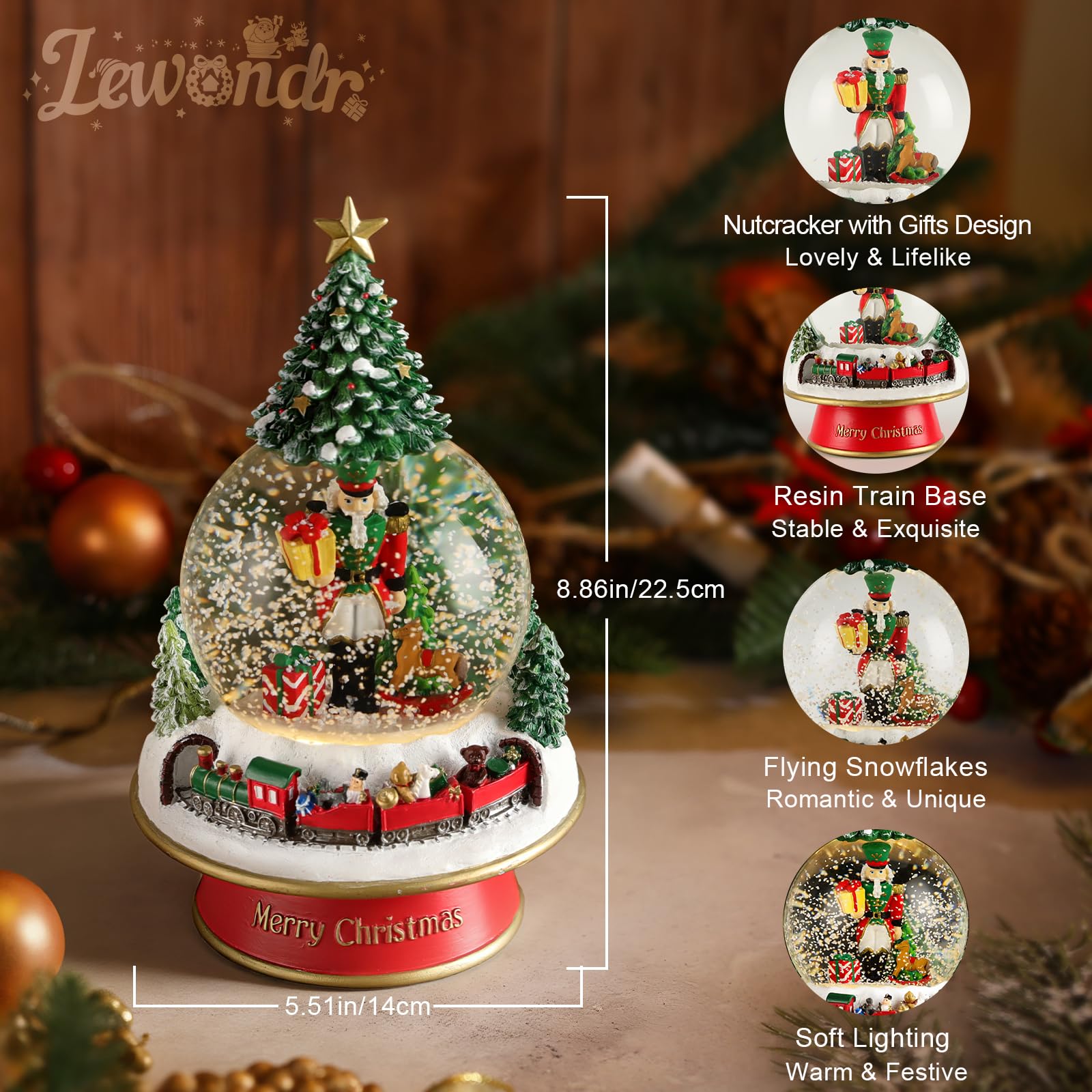 Lewondr Globo de Nieve Navideño, Globo de Cristal con 8 Canciones Navideñas, Caja de Música Eléctrica Reno con Tren y Cascanueces, Decoración de Navidad para Chimenea de Dormitorio
