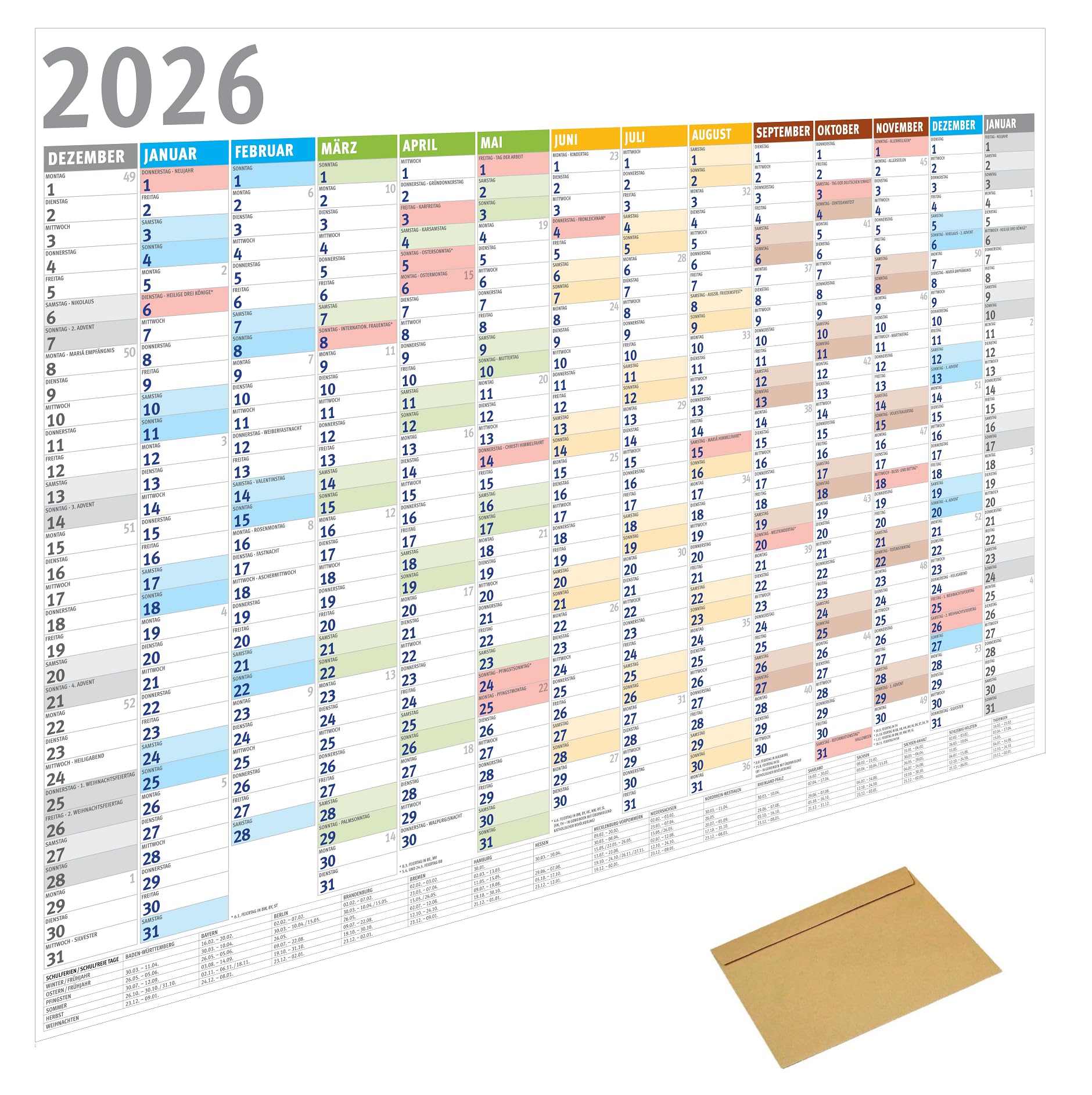 MARZEI24® Din A1 Wandkalender für 2026, 14 Monate, Jahreskalender Monatsübersicht, (84,1 cm x 59,4 cm),Planer Termine, für Büro usw. Jahresplaner, Monatsplaner, Familienkalender, Kalender gefaltet