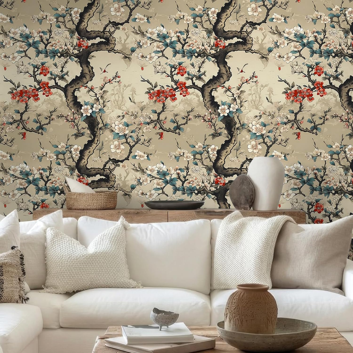 VEELIKE Oriental Japanese Cherry Blossom Floral Wallpaper Vintage Chinoiserie Peel and Stick Wallpaper 17.7''x354'' Removable Sakura Tree Wall Mural Self Adhesive Contact Paper for Bedroom Bathroom