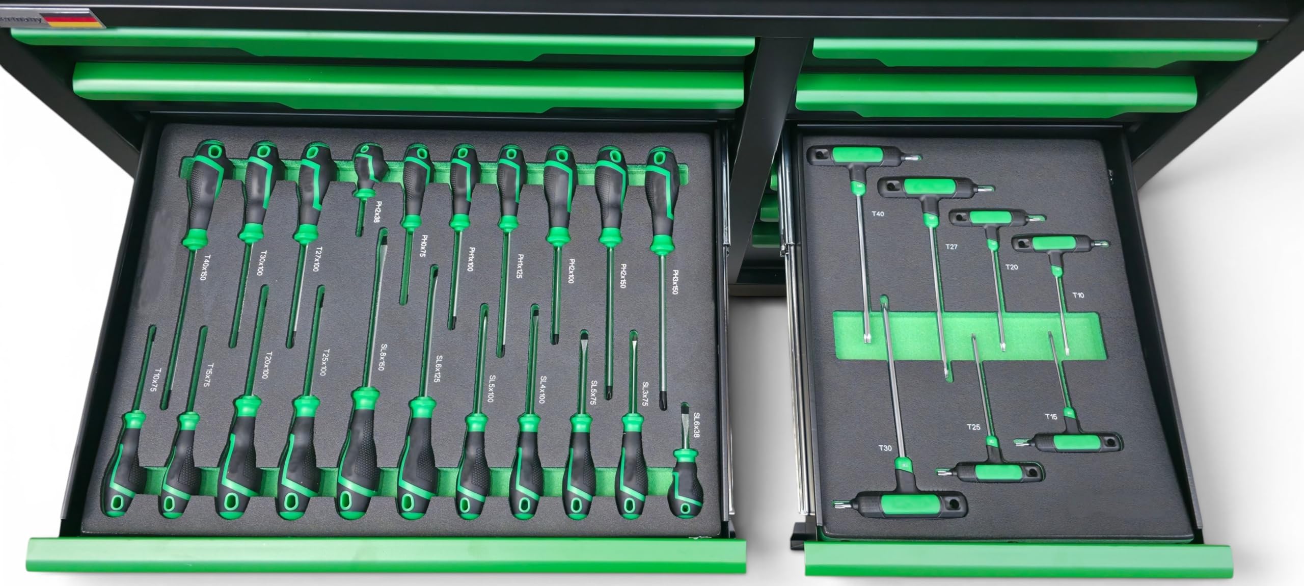 DeTec. Chariot à Outils XXXL | Servante d'atelier 11 tiroirs 9 remplis | Établi Mobile avec Plateau en Bois | Armoire à Outils Roulant et Bien remplie d'outils