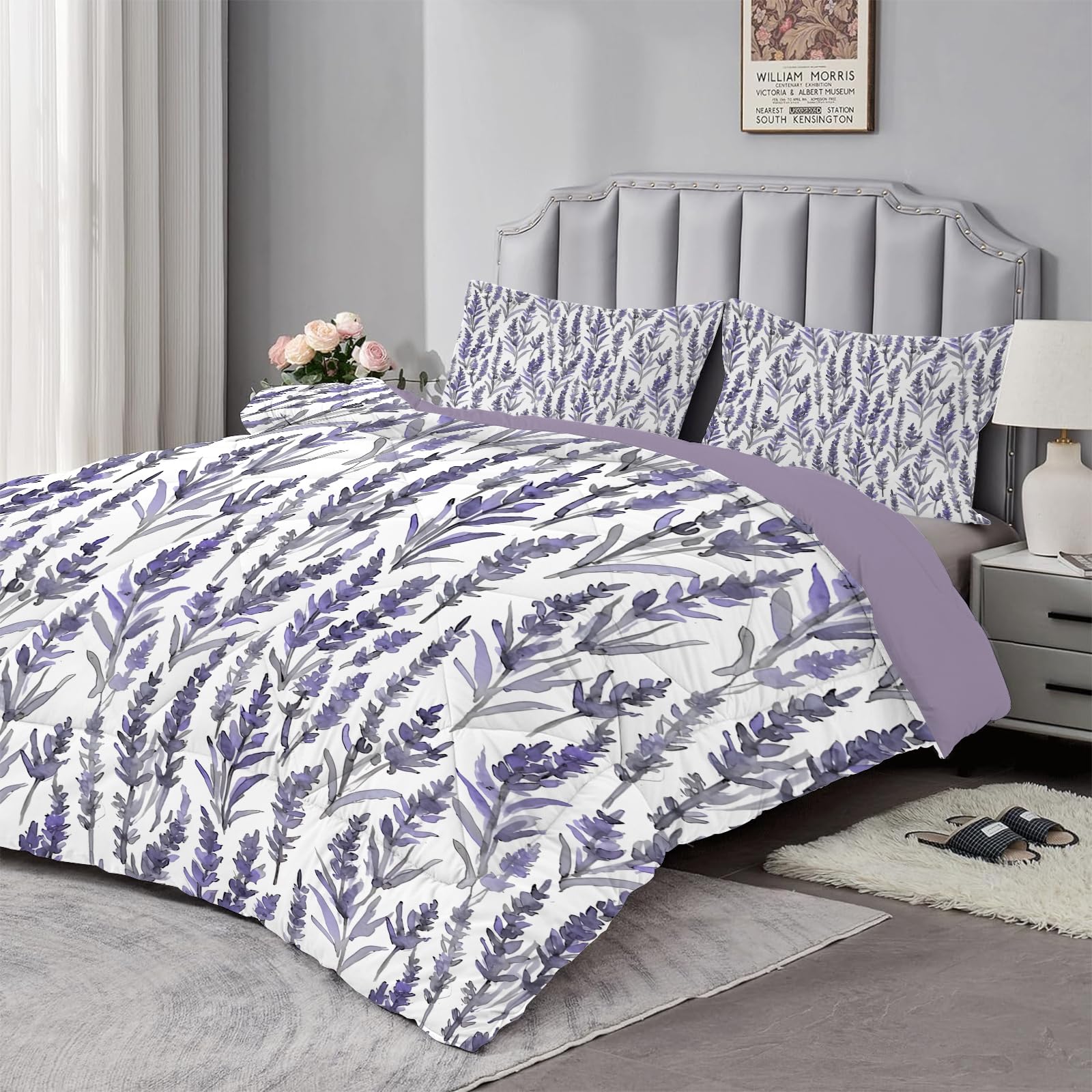 Dyausi Purple King Size Duvet - Coverless Duvet 3Pcs With Floral Pattern - Reversible And Washable Summer Duvet - Hypoallergenic 220X230cm With 2 Pillowcases 50X75cm