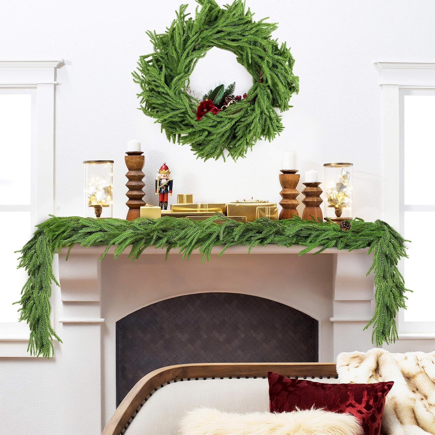 Christmas Garland 2Pcs 6ft Winter Artificial Norfolk Pine Garlands Real Touch Faux Greenery Garland for Table, Mantle, Wall, Indoor, Outdoor Christmas Decorations - Image 5