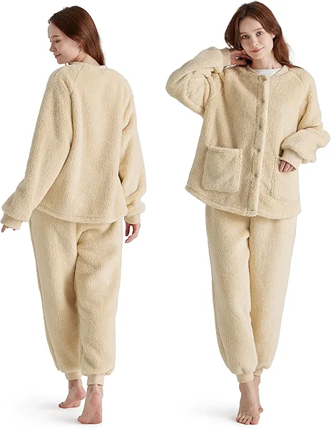 Bedsure Fleece Womens Pajama Sets, Fuzzy Pajama Loungewear, 2 Piece Warm Winter Sherpa Sleepwear Soft Cozy Long Sleeve Outfits Khaki