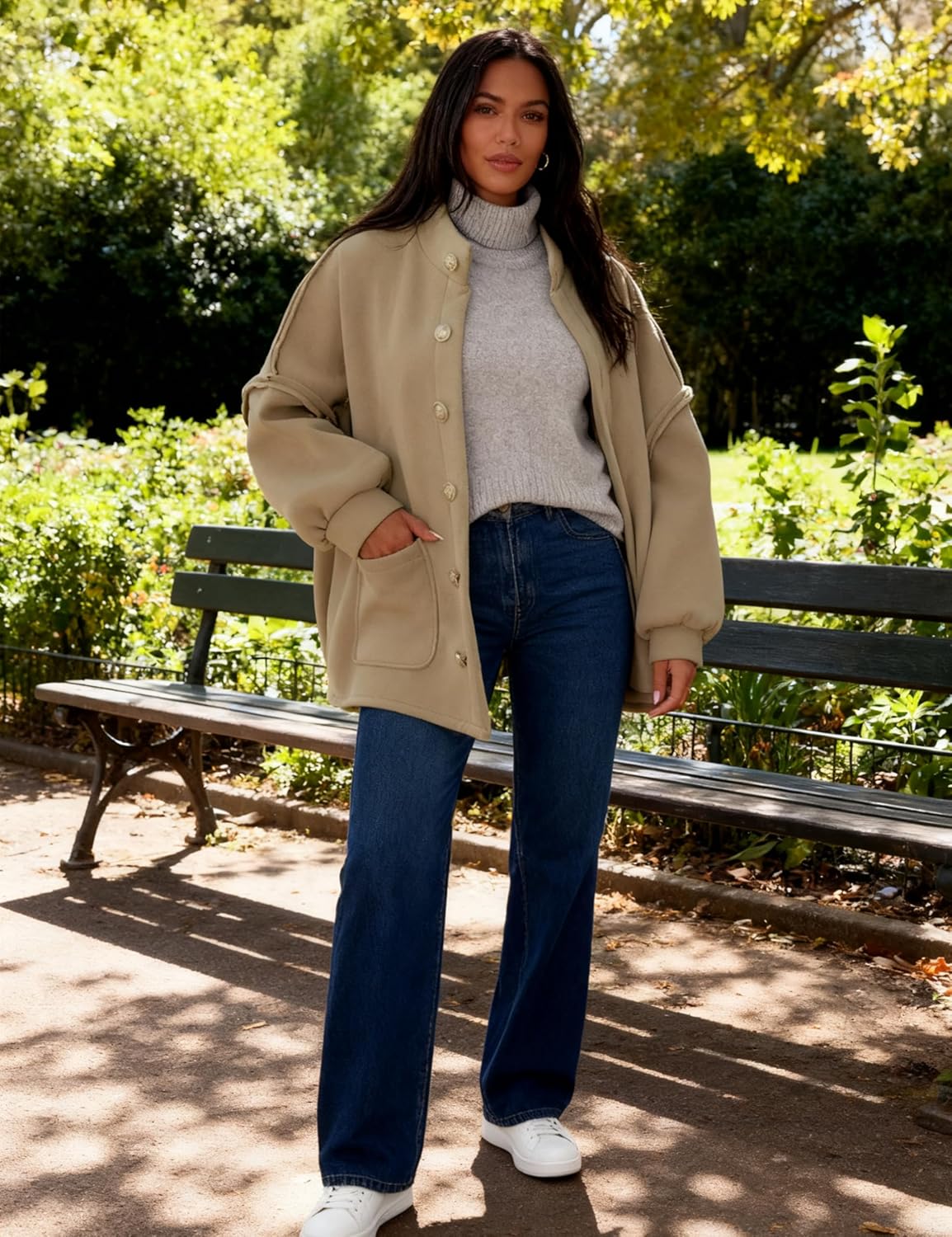 Faleave Women's Oversized Button Down Jacket Lantern Long Sleeve Coat Fall Winter Mock Neck Casual Outerwear with Pockets