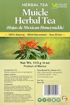 Muicle Herbal Tea - Hojas de Mexican Honeysuckle (Justicia spicigera) - Jumbo Size - Net Wt. 113 g (4 oz) - Natural Sun-Dried Loose Leaves - Wildcrafted, Vegan, Non-GMO, Gluten-Free, Caffeine-Free