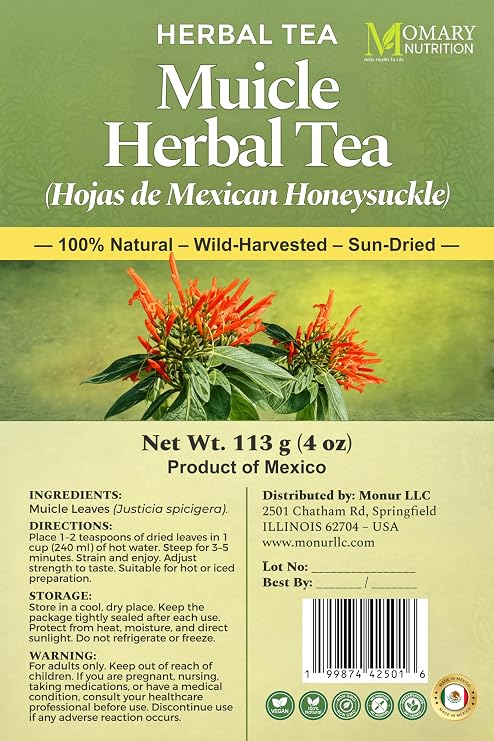 Muicle Herbal Tea - Hojas de Mexican Honeysuckle (Justicia spicigera) - Jumbo Size - Net Wt. 113 g (4 oz) - Natural Sun-Dried Loose Leaves - Wildcrafted, Vegan, Non-GMO, Gluten-Free, Caffeine-Free