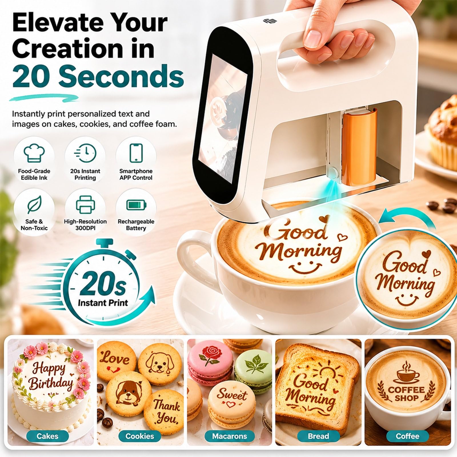 Stampante Alimentare Compatta per Biscotti e Torte, Macchina di Decorazione Portatile con App, Strumento di Personalizzazione di Testo e Immagine per Caffè Latte Art(Matcha)