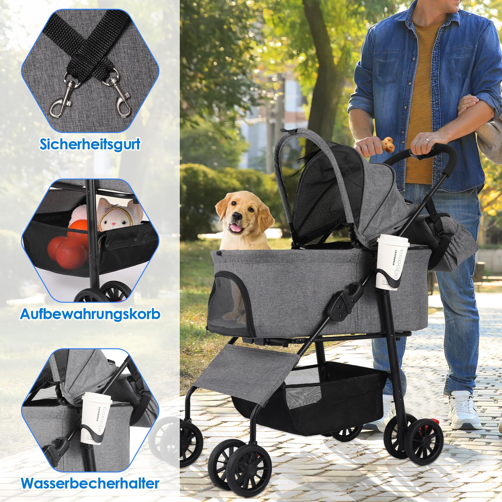 MAMIZO Hundebuggy 3 in 1 bis 20 kg,Klappbar Hundebox Transporttasche,Tragbares Haustiernest,mit Umhängetasche, 4 PCS Räder Pack,GroBzügiger Korb für kleine/Mittlere Hunde Katzen,OxfordStoff, Grau