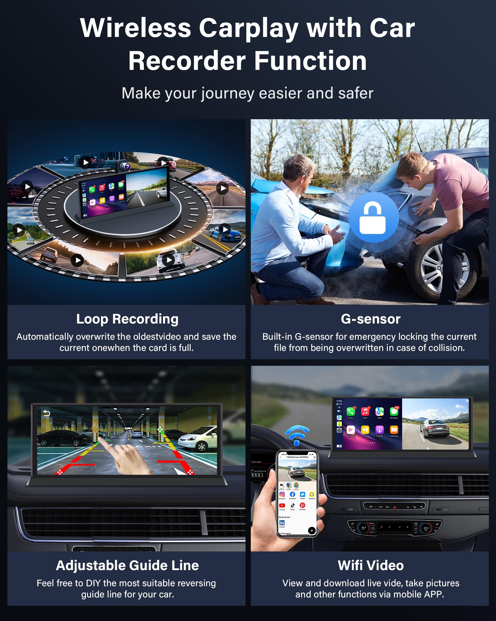 11,3'' Pantalla Carplay Android Auto con 4K Dashcam OEM Soporte de Pie | 350° Giratorio Cámara Frontal 4K + Cámara Trasera 1080P, BT Audio, Dispositivos de Navegación, Grabación en Bucle, General