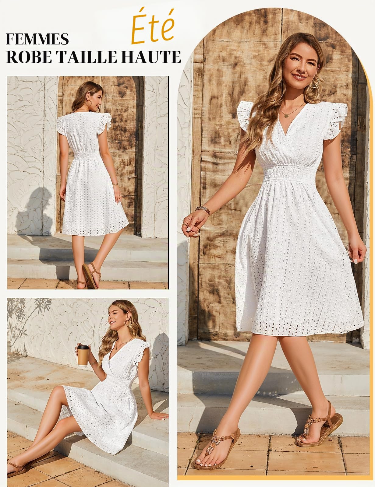 heekpek Robe Ete Femme Mi Longue Coton Col en V Robes Casual Taille Haute Ligne A sans Manche à Volants Robe Boheme Chic Detente Crochet Dentelle Jupe avec Poche