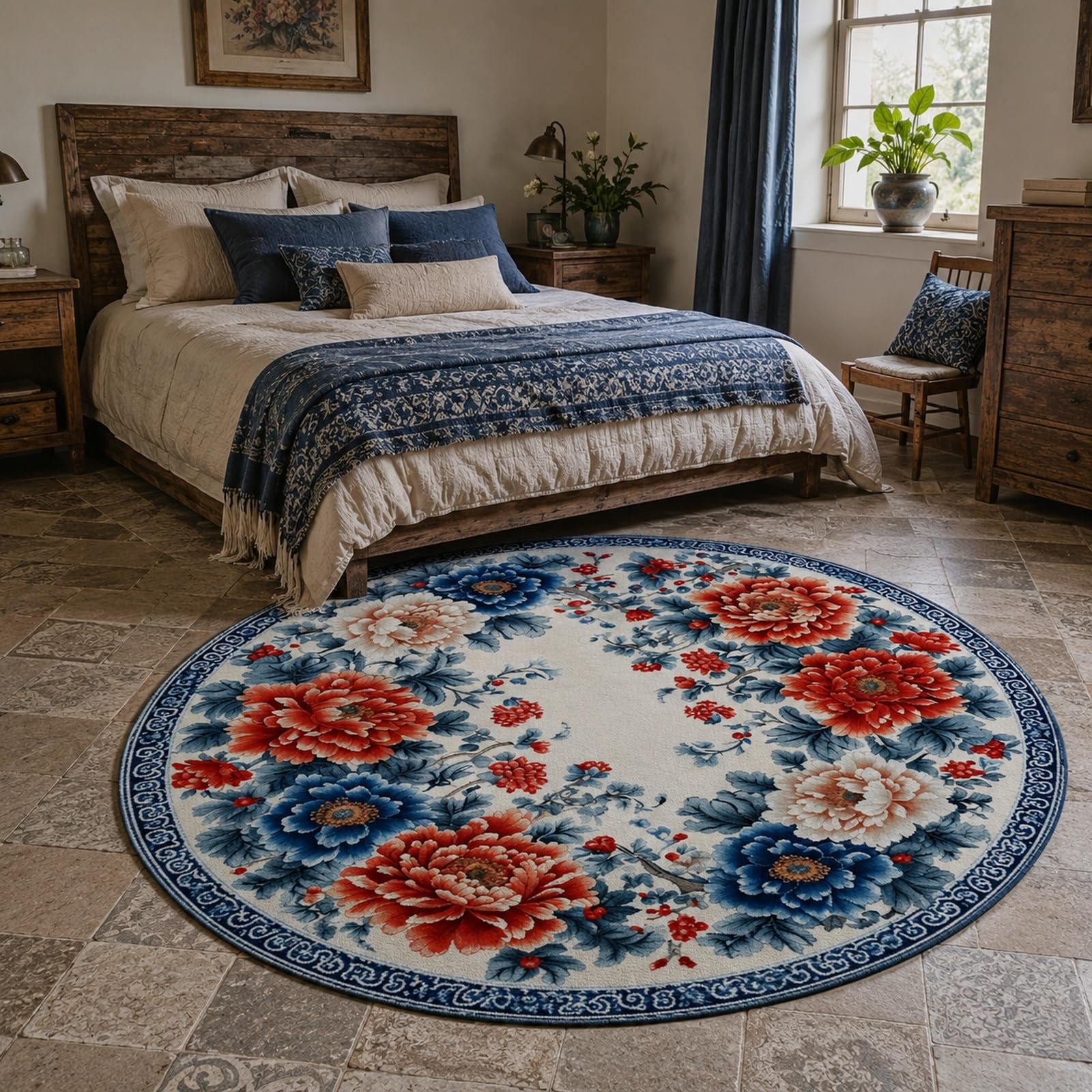 Tapis rond de salon vintage rouge et bleu 90cm décor de chambre