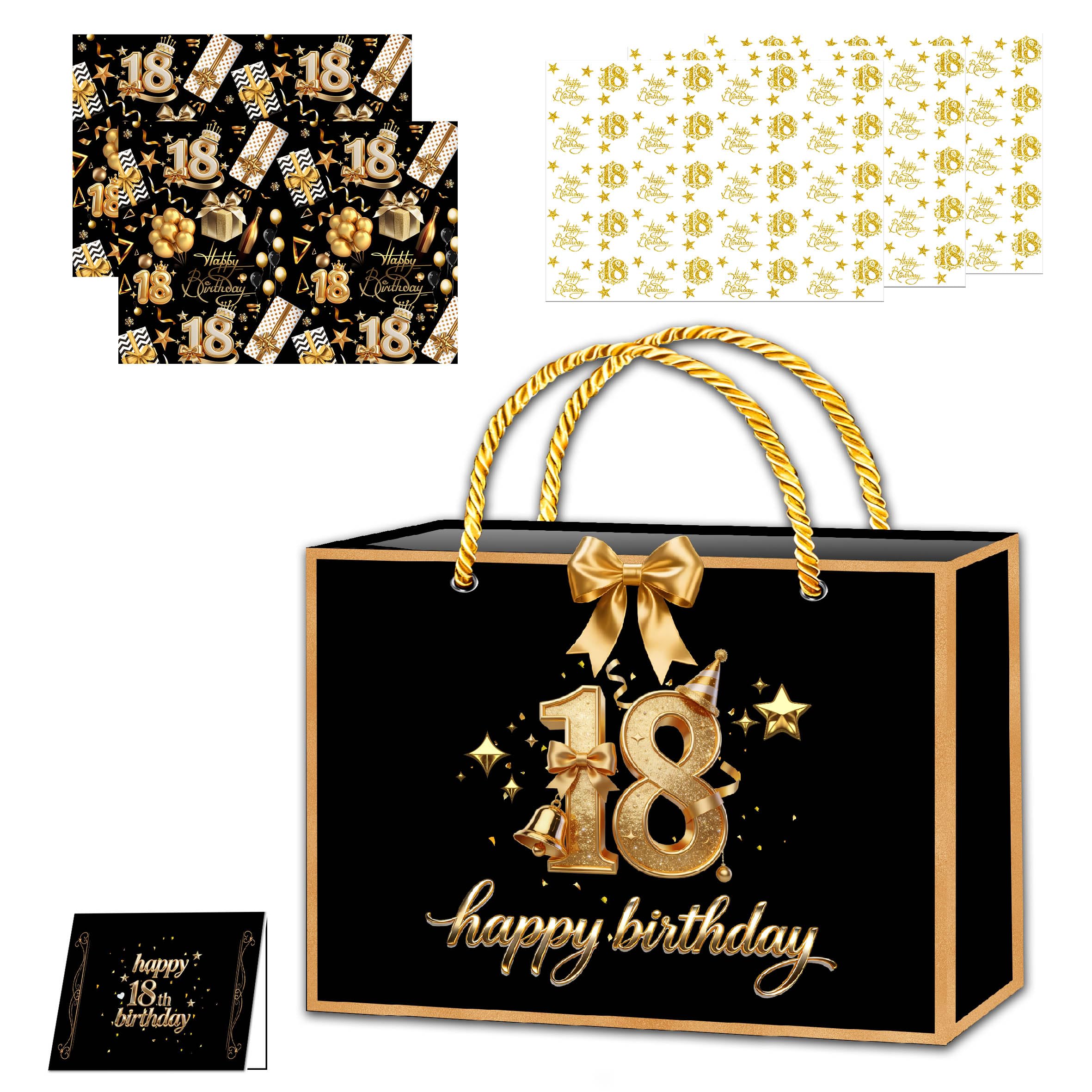 Black Gold 18th Birthday Gift Bag with Handles, 18th Birthday Gift Bag 18thBirtday Wrapping Paper,Tissue Paper,Ribbon and Birthday Card for Girls Women Birthday-Gifts Wrapping