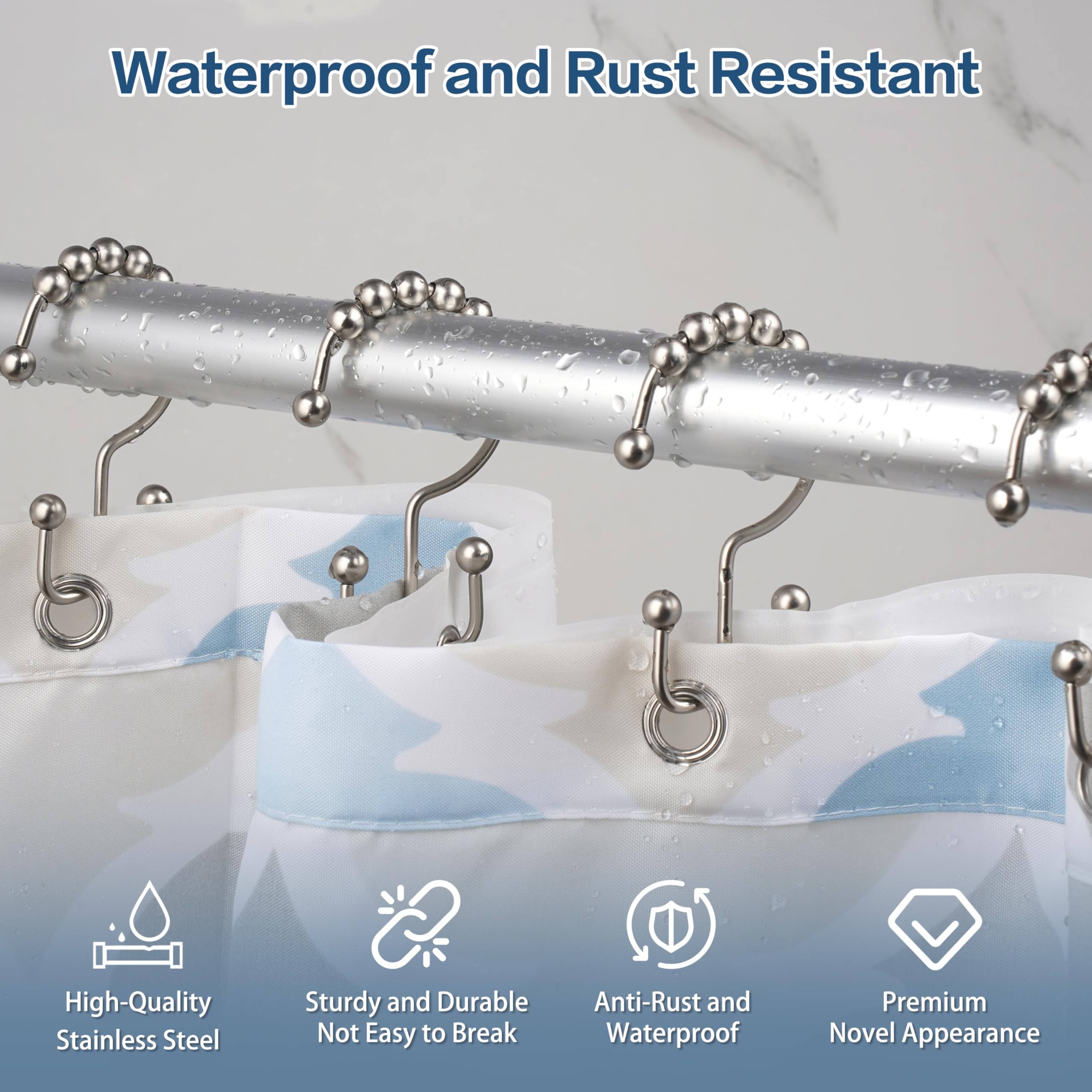 DAWNER Duschvorhanghaken Edelstahl - 12 Stück Doppelringe Gebürstetes Nickel