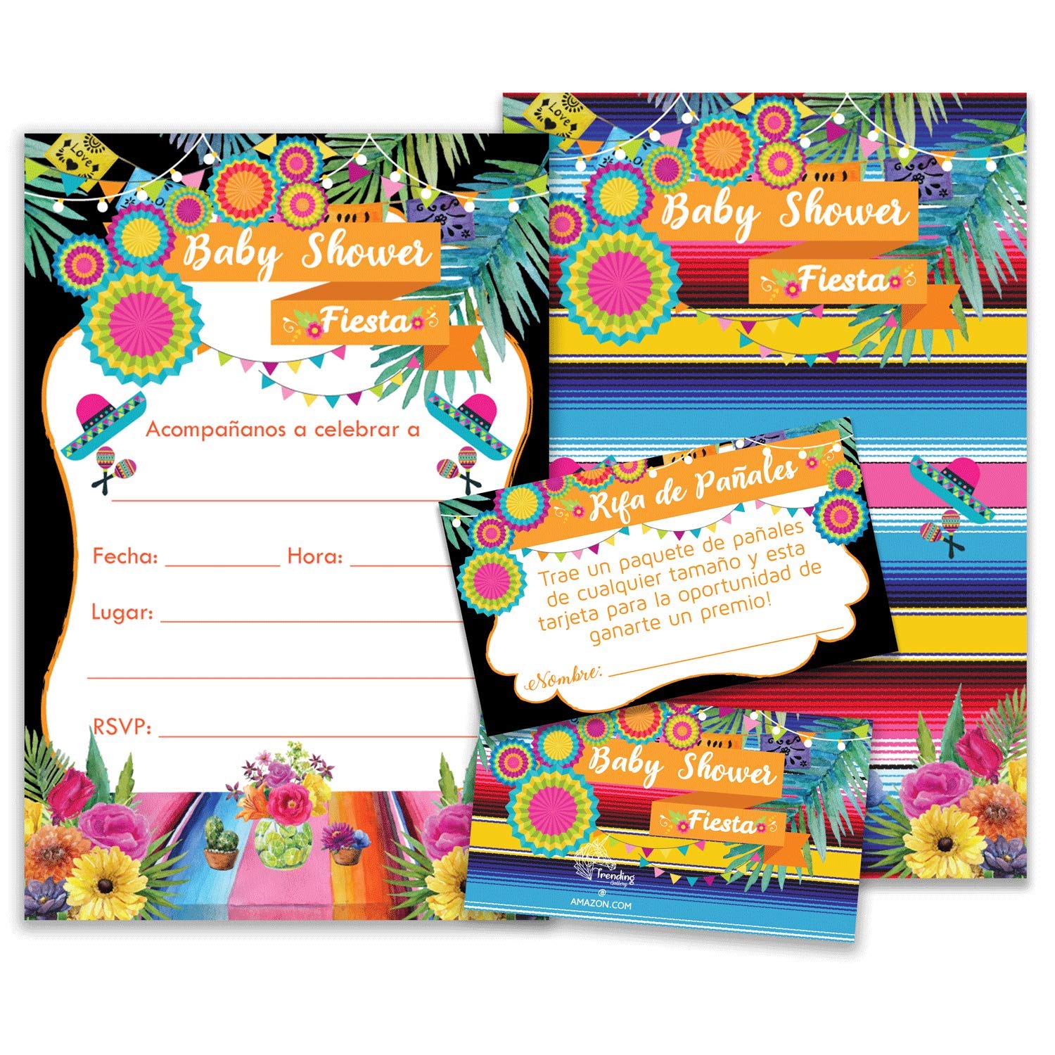 Fiesta Floral - Baby Shower Fiesta Invitations Girl with Envelopes and Diaper Raffle Tickets. Set of 25 Fiesta Fill In The Blank Style Invites with Envelopes - Fiesta Baby Shower Invitations Girl Boy