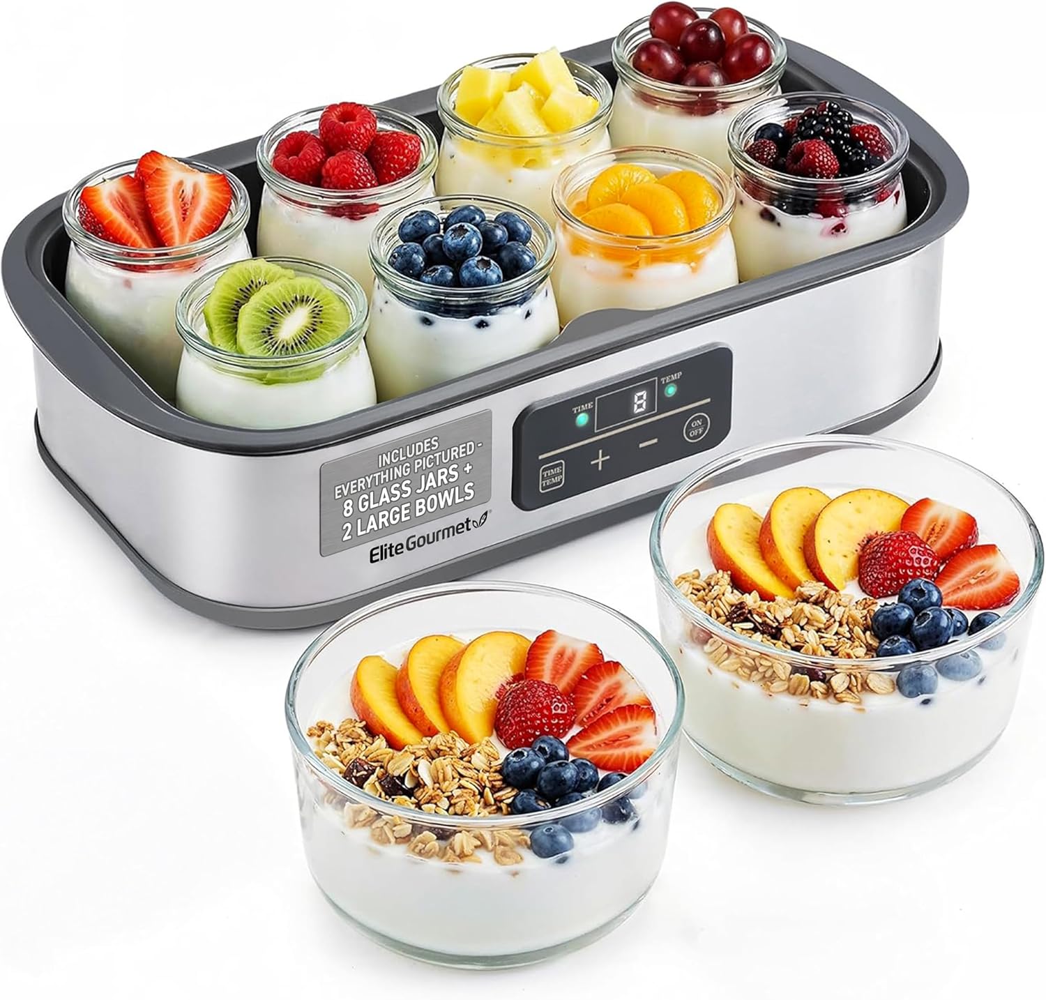 Elite Gourmet ProBioticPRO™ Digital Yogurt Maker, Programmable Temp & Time Control (68–127°F), Includes 8 Glass Jars (6 oz)   2 Large 1-Qt Bowls, Stainless Steel, Auto Shut-Off