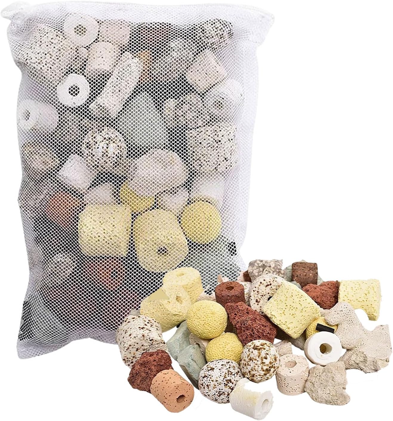 Bio Aquarium Filter Media, 12 in 1 Fish Tank Filter Material, Ceramic Rings Activated Carbon Bio Balls Freshwater Marine Biological Filter Media for Koi Fish Tank Pond (1.1lb with Mesh Bag)